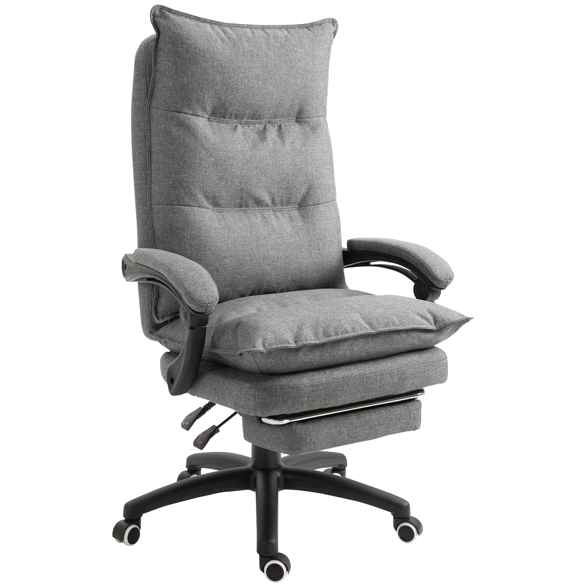 Fauteuil de bureau massant, chaise de bureau, chaise ergonomique avec hauteur réglable, dossier inclinable, repose-pied intégré et télécommande filaire, pivotant à 360°, toile de lin gris