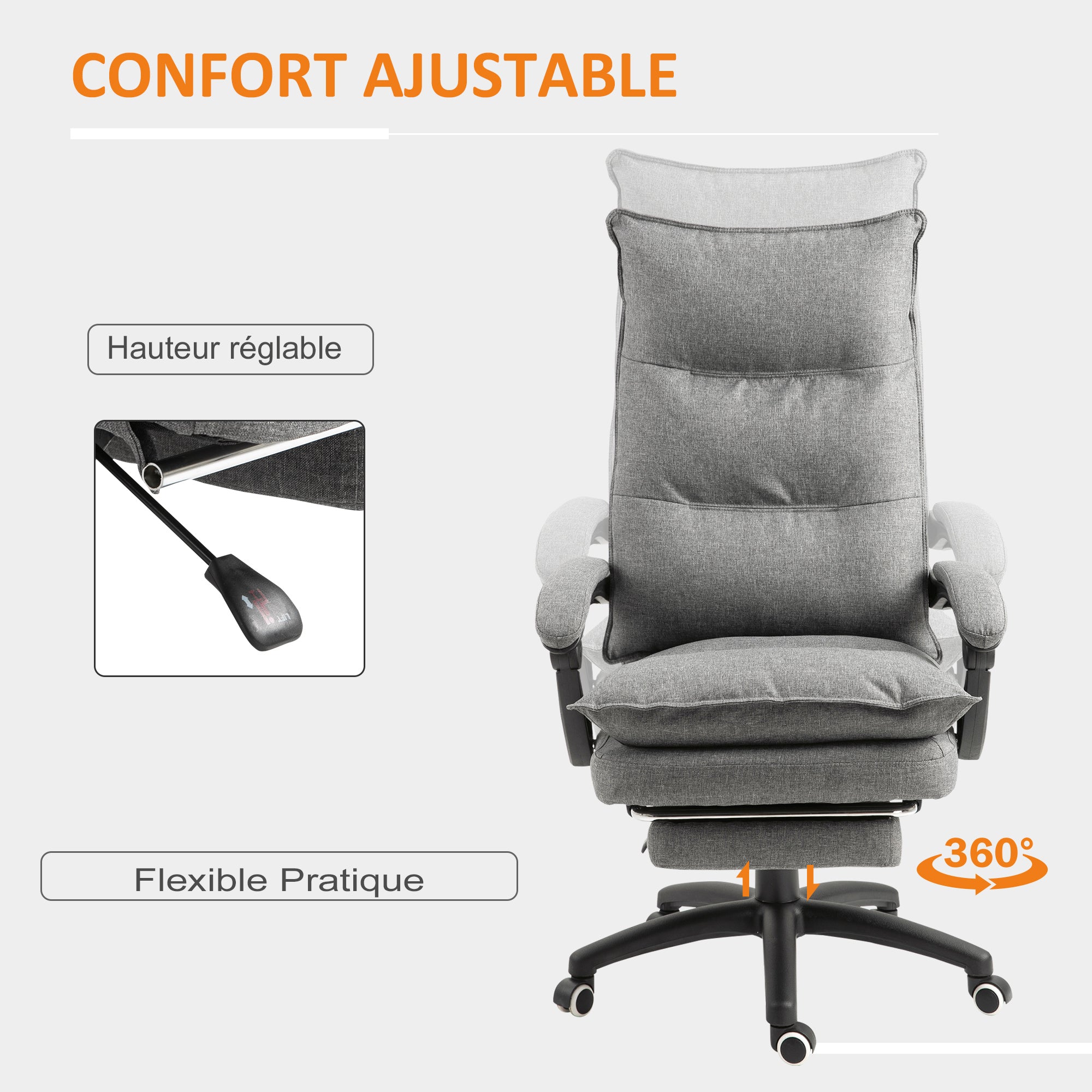 Fauteuil de bureau massant, chaise de bureau, chaise ergonomique avec hauteur réglable, dossier inclinable, repose-pied intégré et télécommande filaire, pivotant à 360°, toile de lin gris