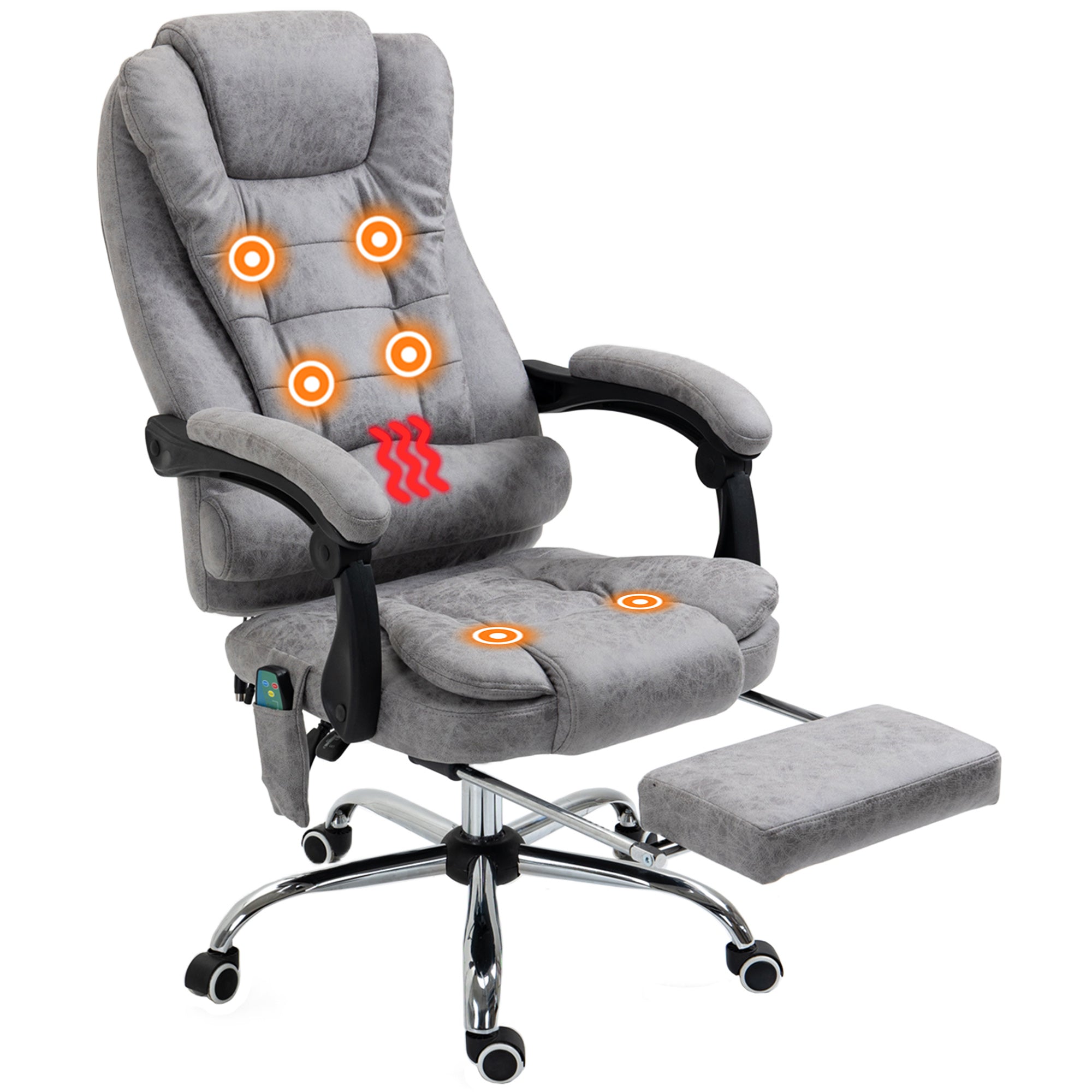 Fauteuil de bureau massant et chauffant, chaise de bureau ergonomique hauteur réglable, dossier inclinable, repose-pieds, télécommande filaire, pivotant 360°, tissu en microfibre, gris