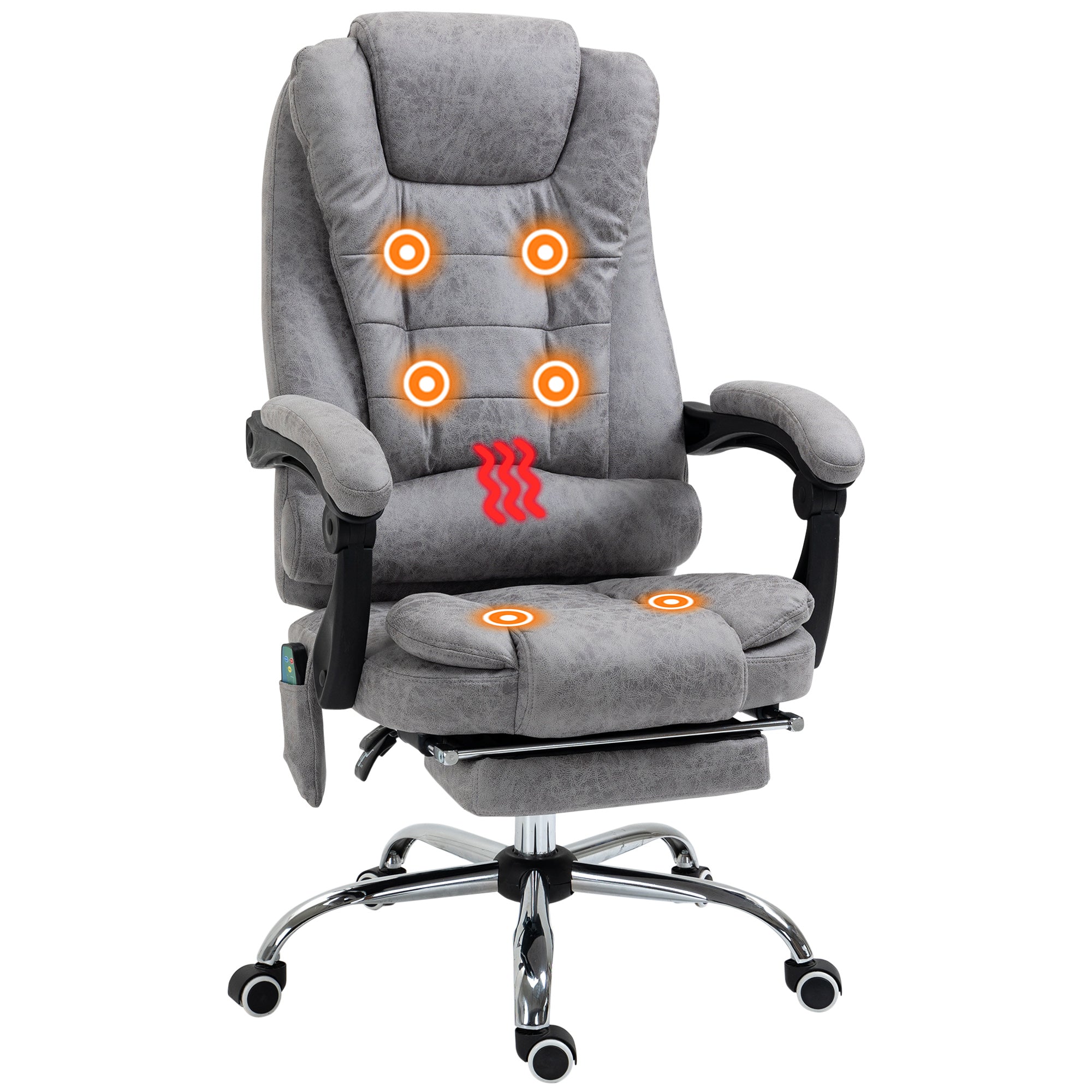 Fauteuil de bureau massant et chauffant, chaise de bureau ergonomique hauteur réglable, dossier inclinable, repose-pieds, télécommande filaire, pivotant 360°, tissu en microfibre, gris