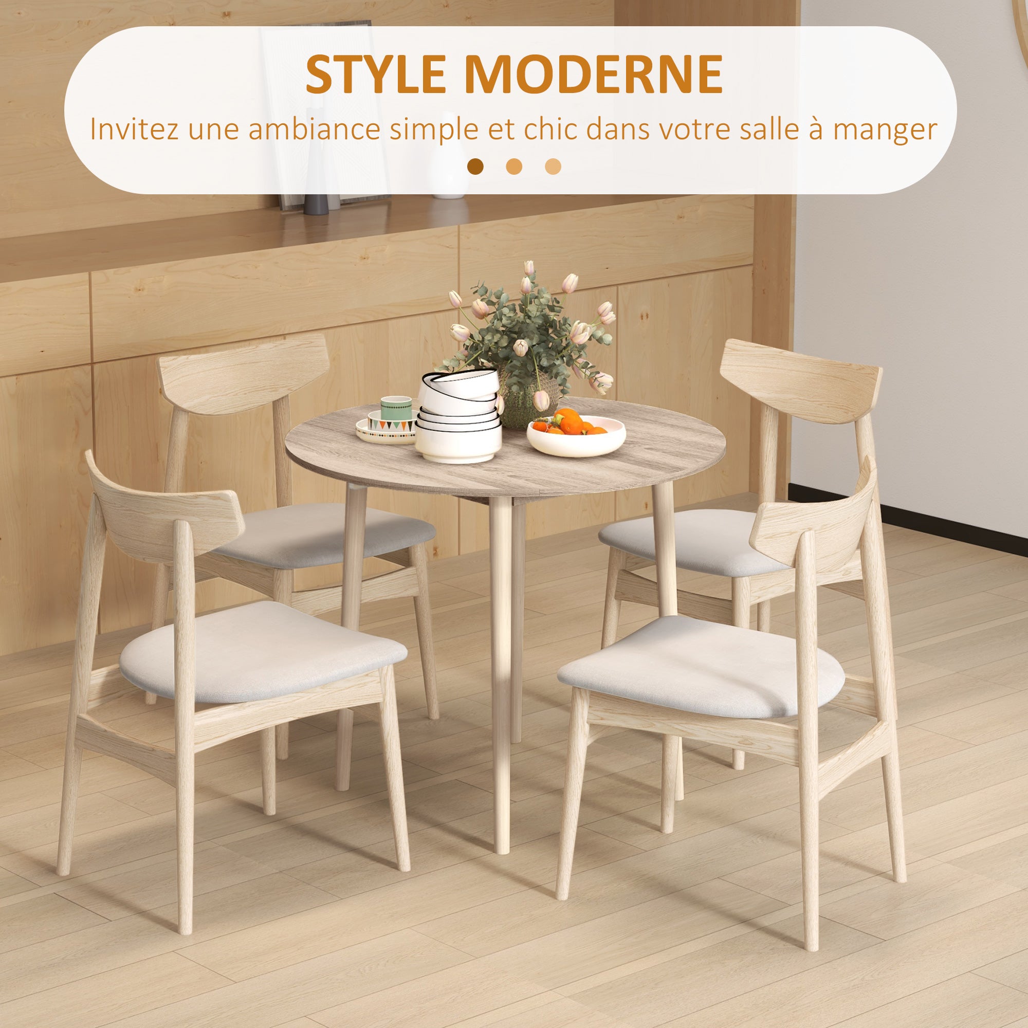 Table à manger pliante, table de cuisine ronde Ø 89 cm pour 4 personnes avec 2 abattants, pieds en bois de pin, design nordique, pour petits espaces, bois naturel