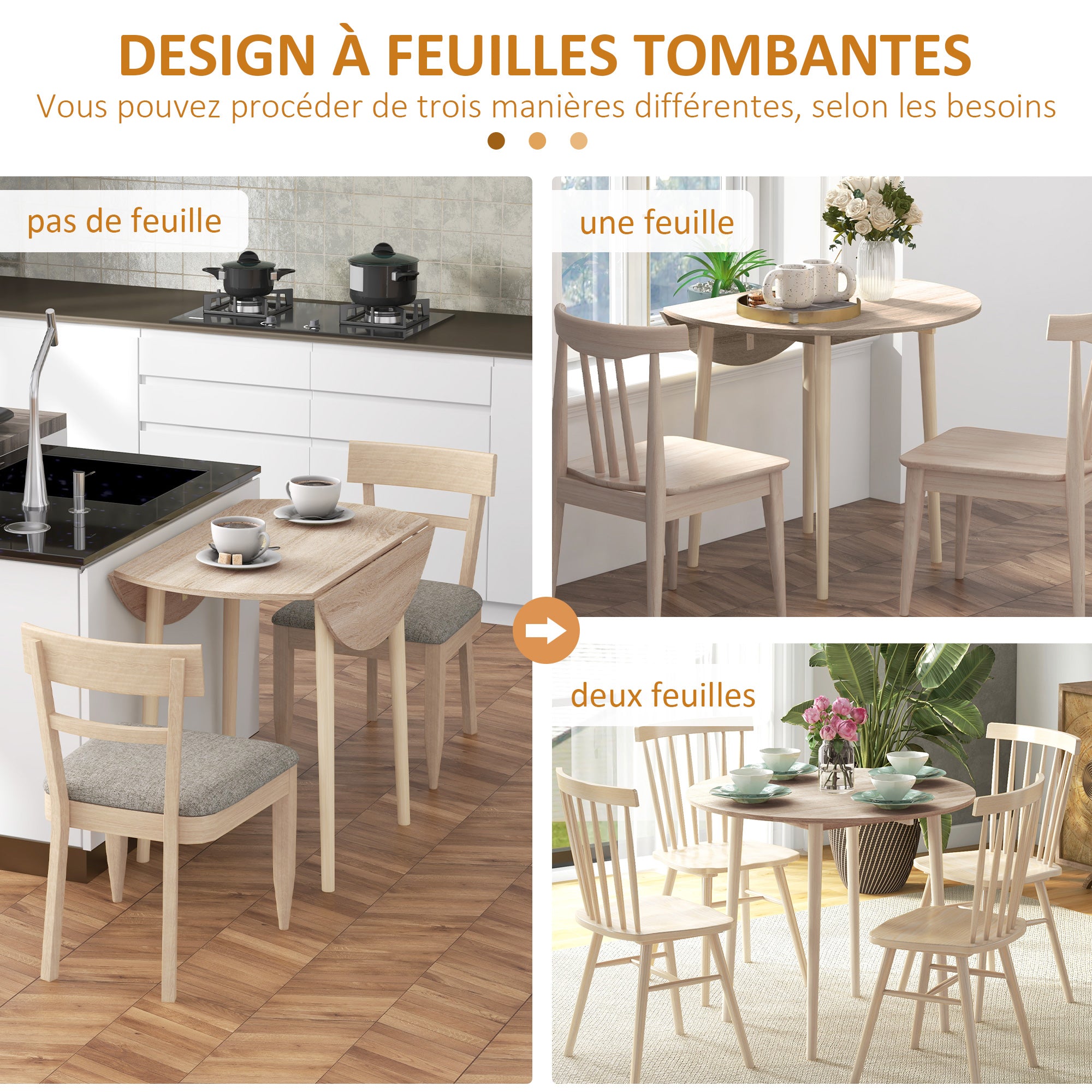 Table à manger pliante, table de cuisine ronde Ø 89 cm pour 4 personnes avec 2 abattants, pieds en bois de pin, design nordique, pour petits espaces, bois naturel