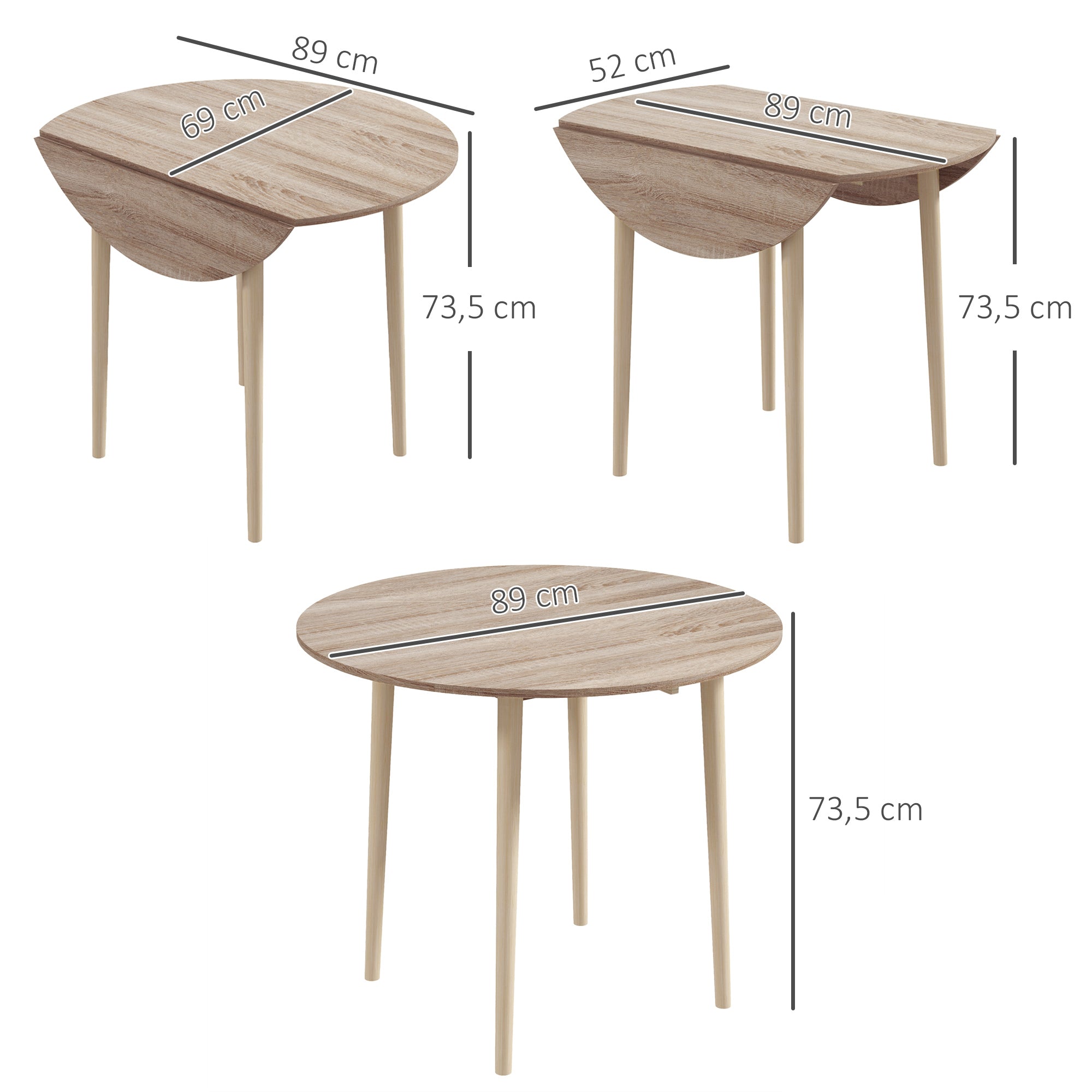 Table à manger pliante, table de cuisine ronde Ø 89 cm pour 4 personnes avec 2 abattants, pieds en bois de pin, design nordique, pour petits espaces, bois naturel