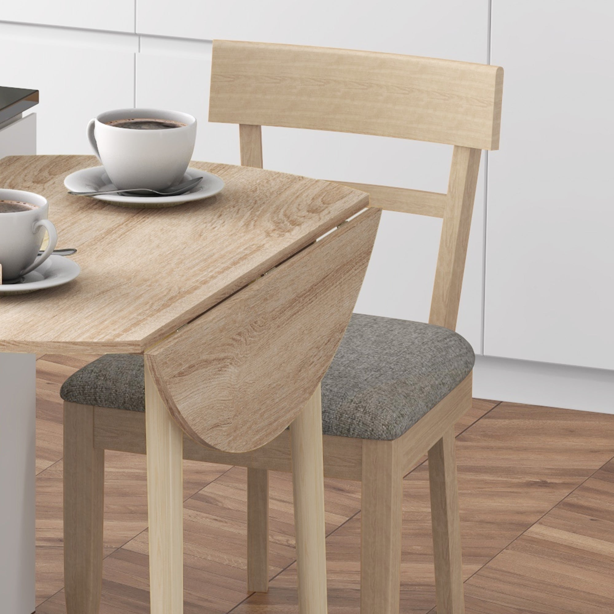 Table à manger pliante, table de cuisine ronde Ø 89 cm pour 4 personnes avec 2 abattants, pieds en bois de pin, design nordique, pour petits espaces, bois naturel