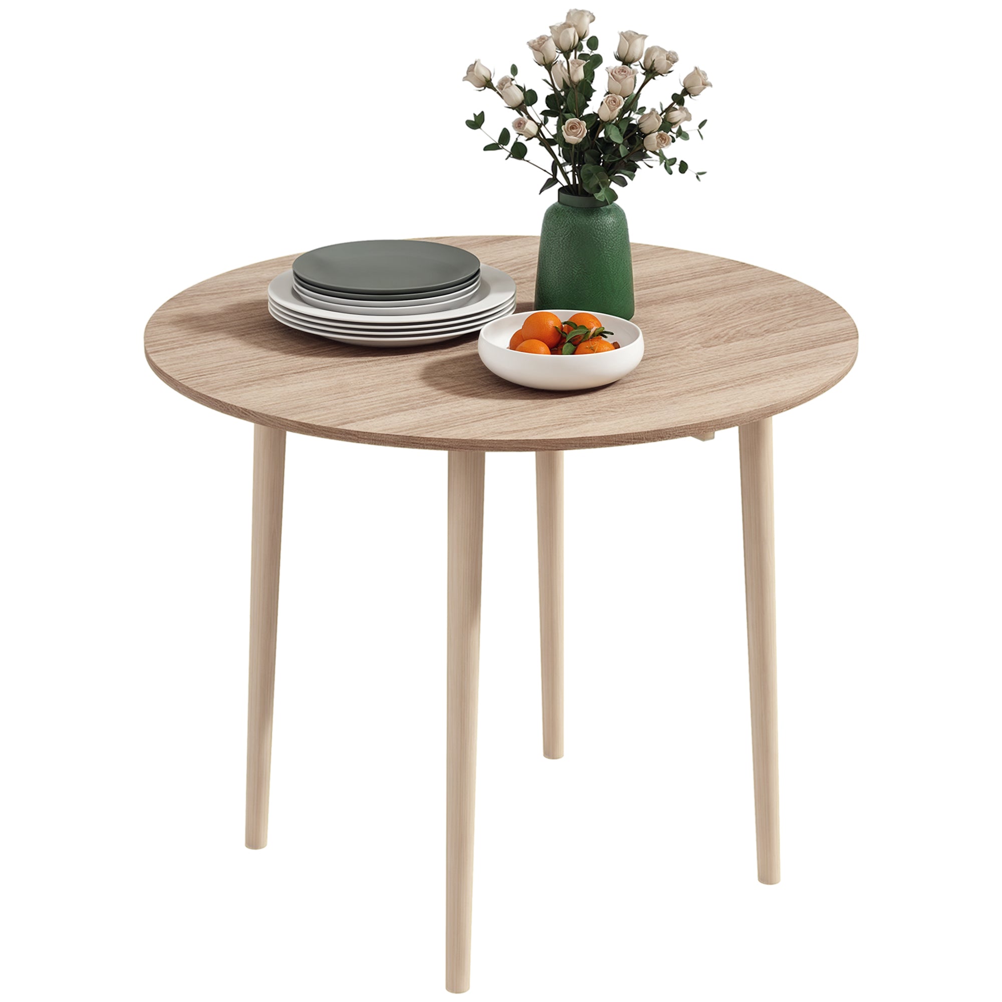 Table à manger pliante, table de cuisine ronde Ø 89 cm pour 4 personnes avec 2 abattants, pieds en bois de pin, design nordique, pour petits espaces, bois naturel