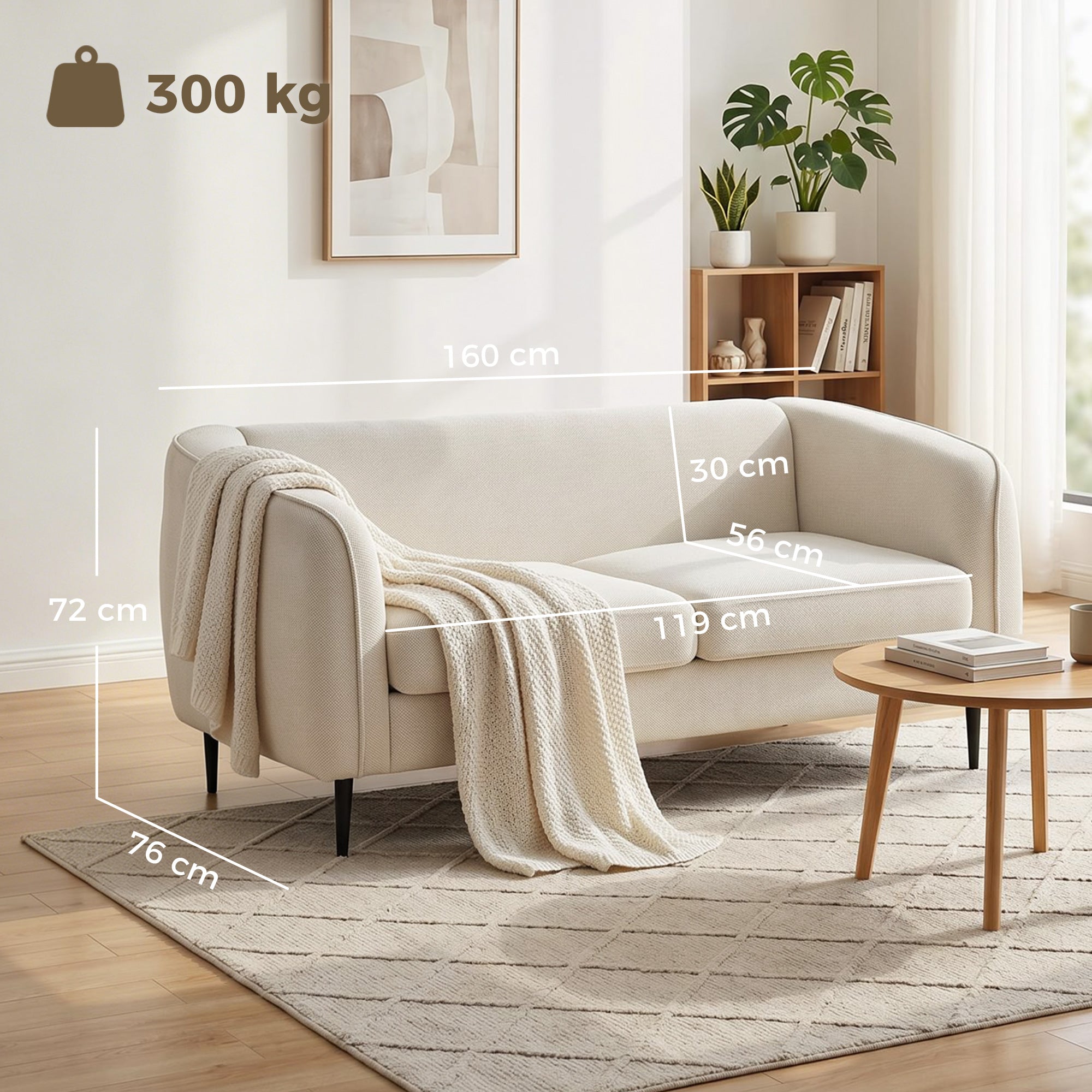 Canapé 2 places en velours, canapé de salon moderne 160 cm, assise large rembourrée, coussin épais à ressorts, pieds en métal, charge 300 Kg, pour chambre, appartement, petit espace, beige