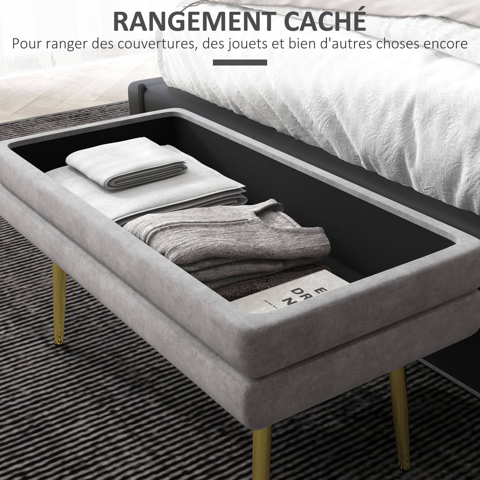 Banc de rangement, bout de lit, coffre de rangement avec assise aspect velours et pieds acier, 79,5 x 37,5 x 43 cm, gris et doré
