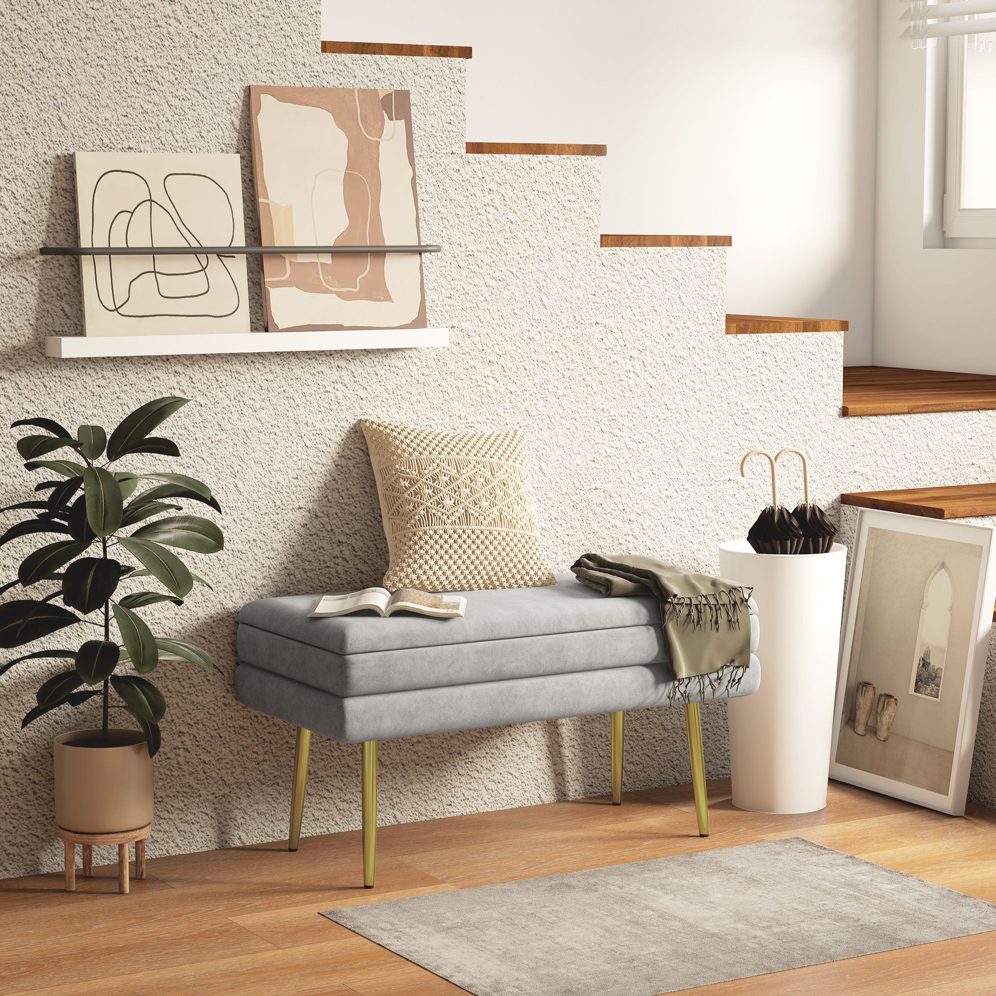 Banc de rangement, bout de lit, coffre de rangement avec assise aspect velours et pieds acier, 79,5 x 37,5 x 43 cm, gris et doré