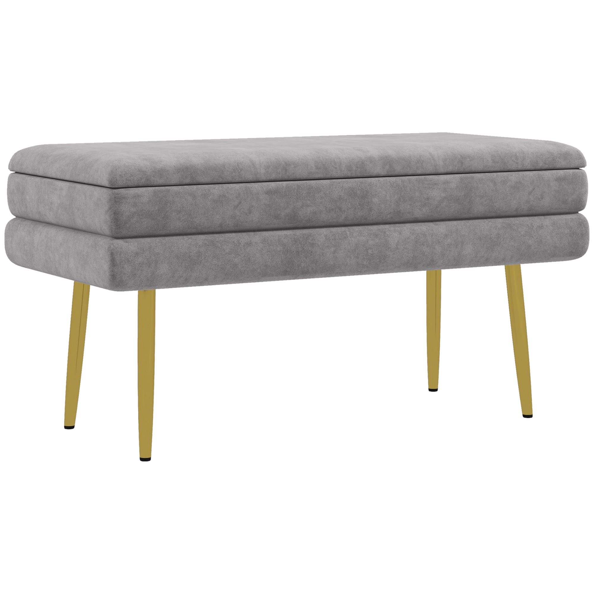 Banc de rangement, bout de lit, coffre de rangement avec assise aspect velours et pieds acier, 79,5 x 37,5 x 43 cm, gris et doré
