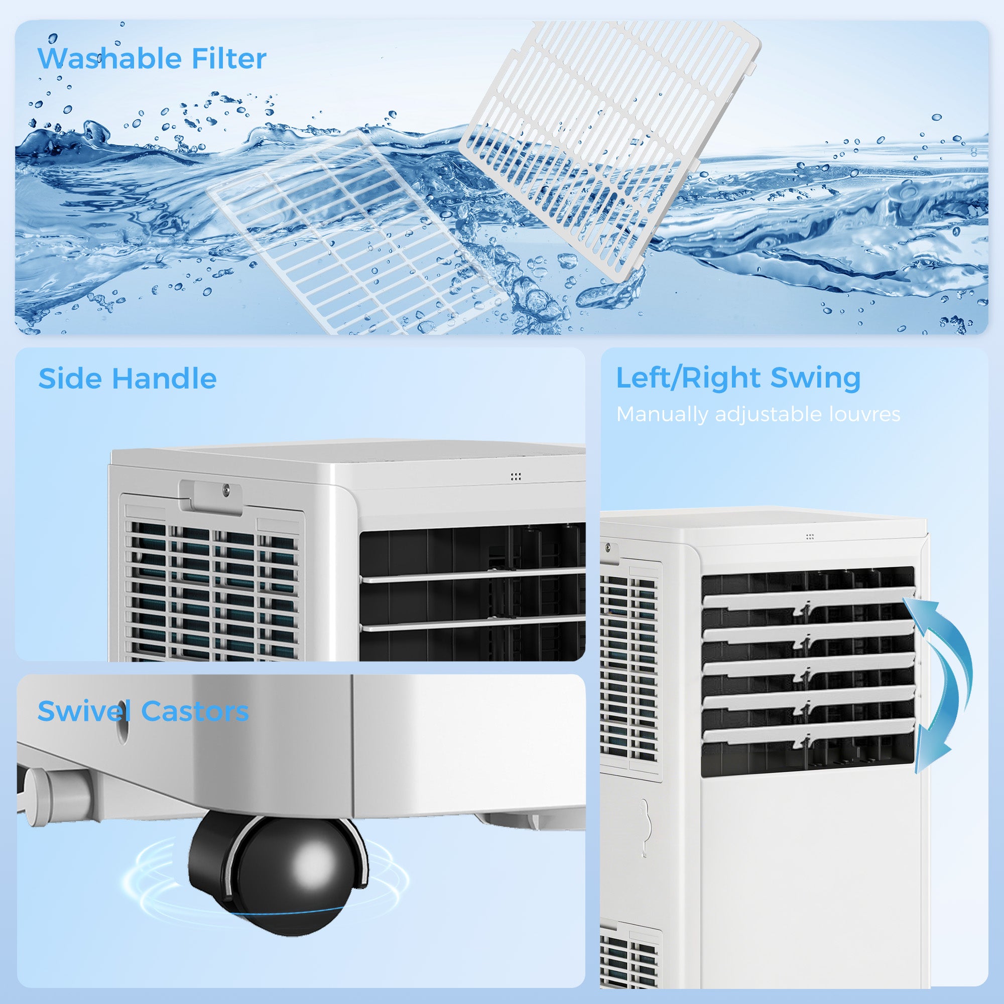 Climatiseur mobile 7000 BTU, climatiseur portable 4 en 1, refroidissement, déshumidificateur, ventilateur, mode nuit, télécommande, minuteur 24H, 2 Vitesses, pour pièces 30 m², classe A