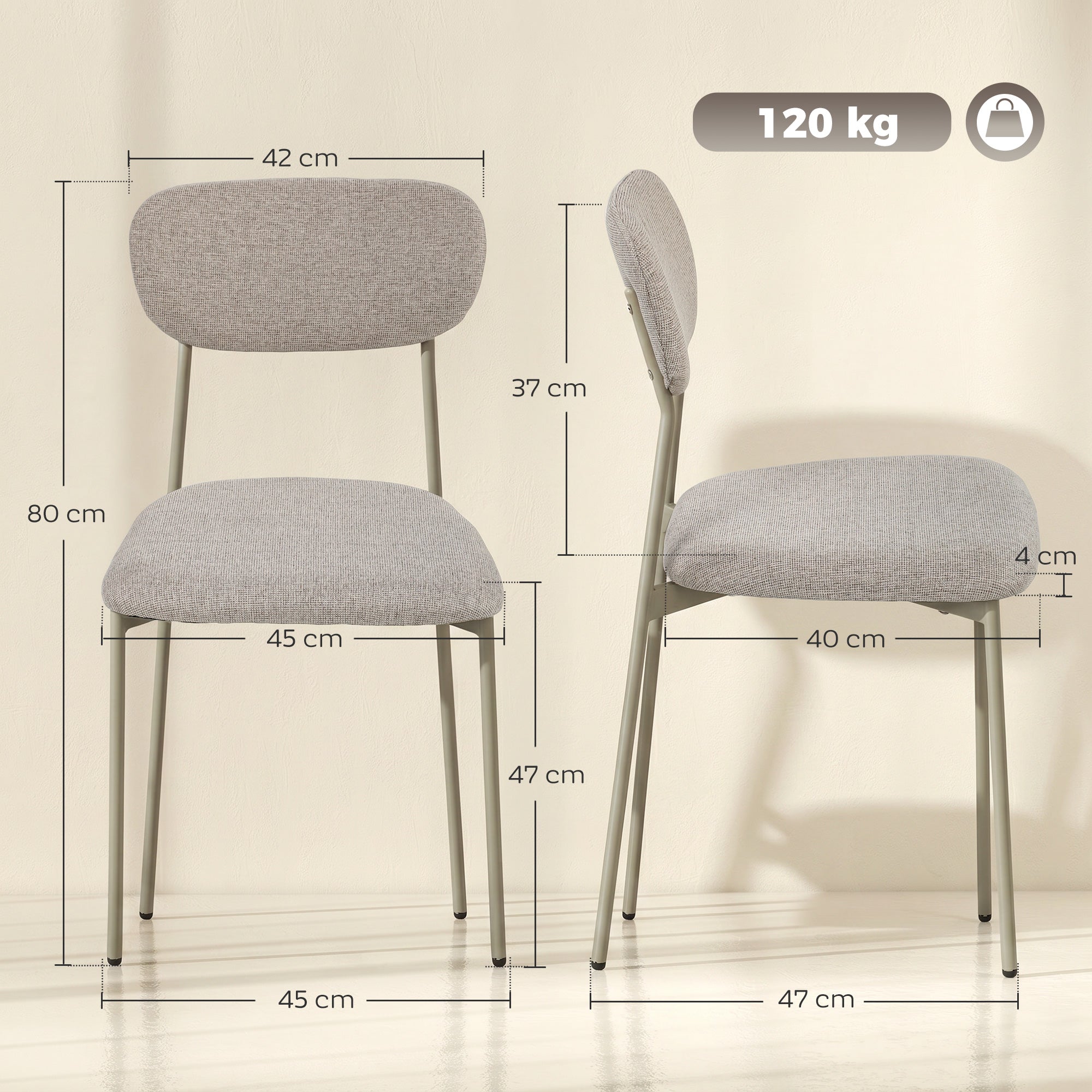 Lot de 2 chaises de salle à manger modernes, chaises de cuisine empilables en tissu effet lin avec siège et dossier rembourrés, pieds en acier, marron clair