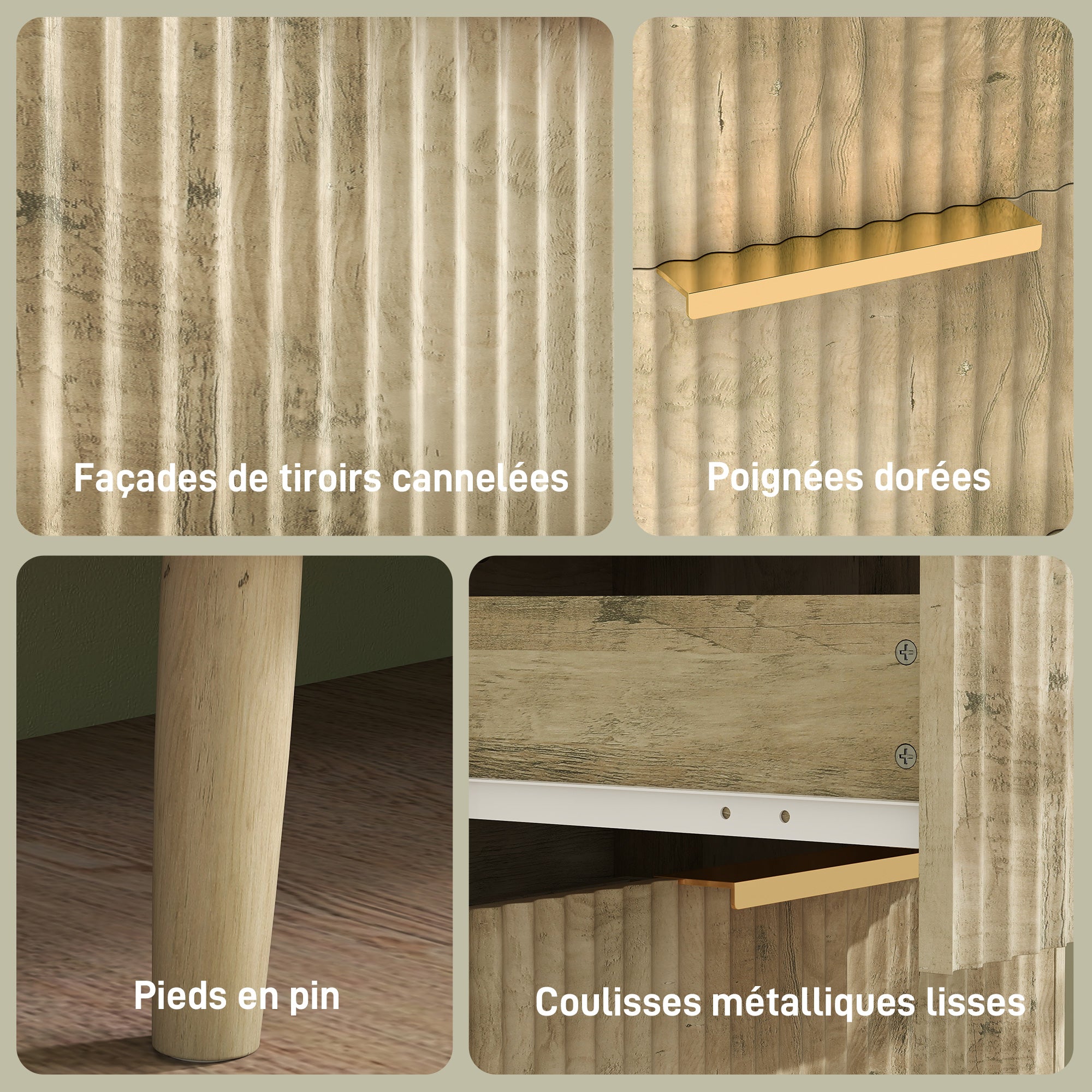 Commode 6 tiroirs meuble de rangement style scandinave avec poignées et pieds de pin, bois effet cannelé, commode chambre à coucher, salon, couloir - 120 x 40 x 76 cm, chêne