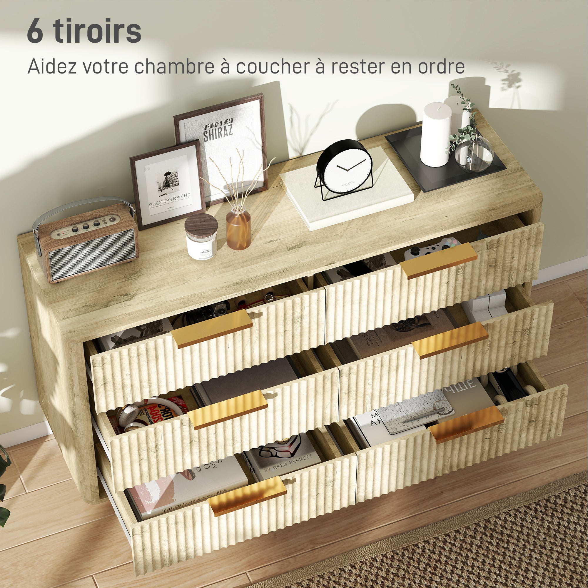 Commode 6 tiroirs meuble de rangement style scandinave avec poignées et pieds de pin, bois effet cannelé, commode chambre à coucher, salon, couloir - 120 x 40 x 76 cm, chêne