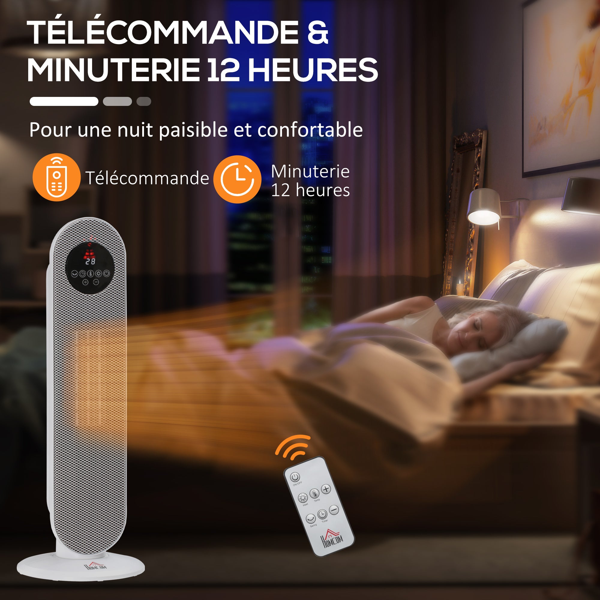 Chauffage d'appoint Radiateur soufflant Radiateur céramique oscillant 15-40°C avec Télécommande 1300/2000W, 21 x 21 x 63,5 cm