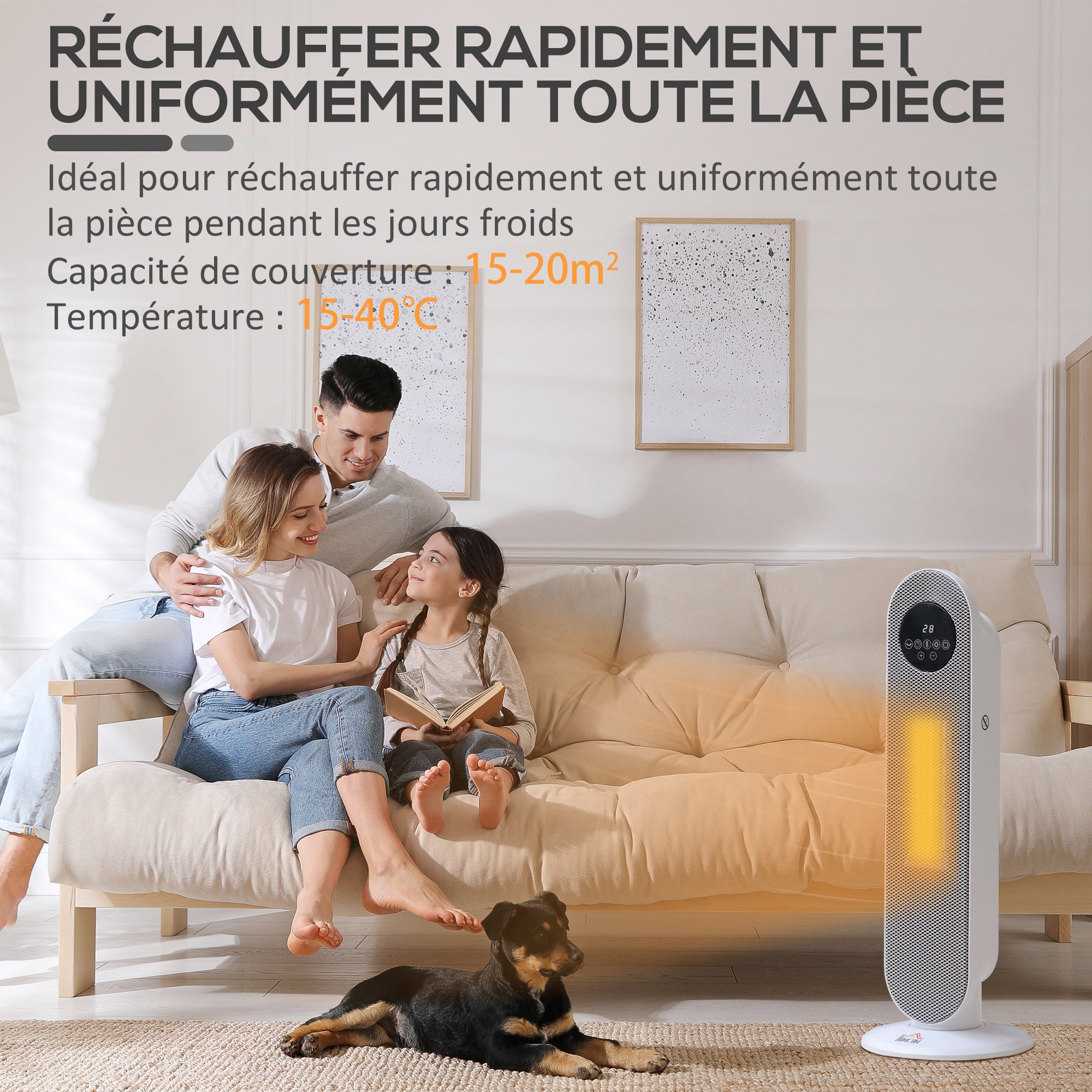 Chauffage d'appoint Radiateur soufflant Radiateur céramique oscillant 15-40°C avec Télécommande 1300/2000W, 21 x 21 x 63,5 cm