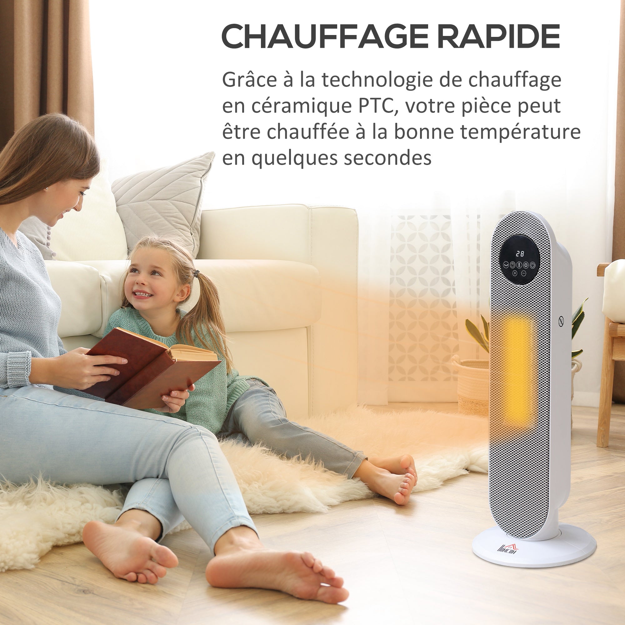 Chauffage d'appoint Radiateur soufflant Radiateur céramique oscillant 15-40°C avec Télécommande 1300/2000W, 21 x 21 x 63,5 cm