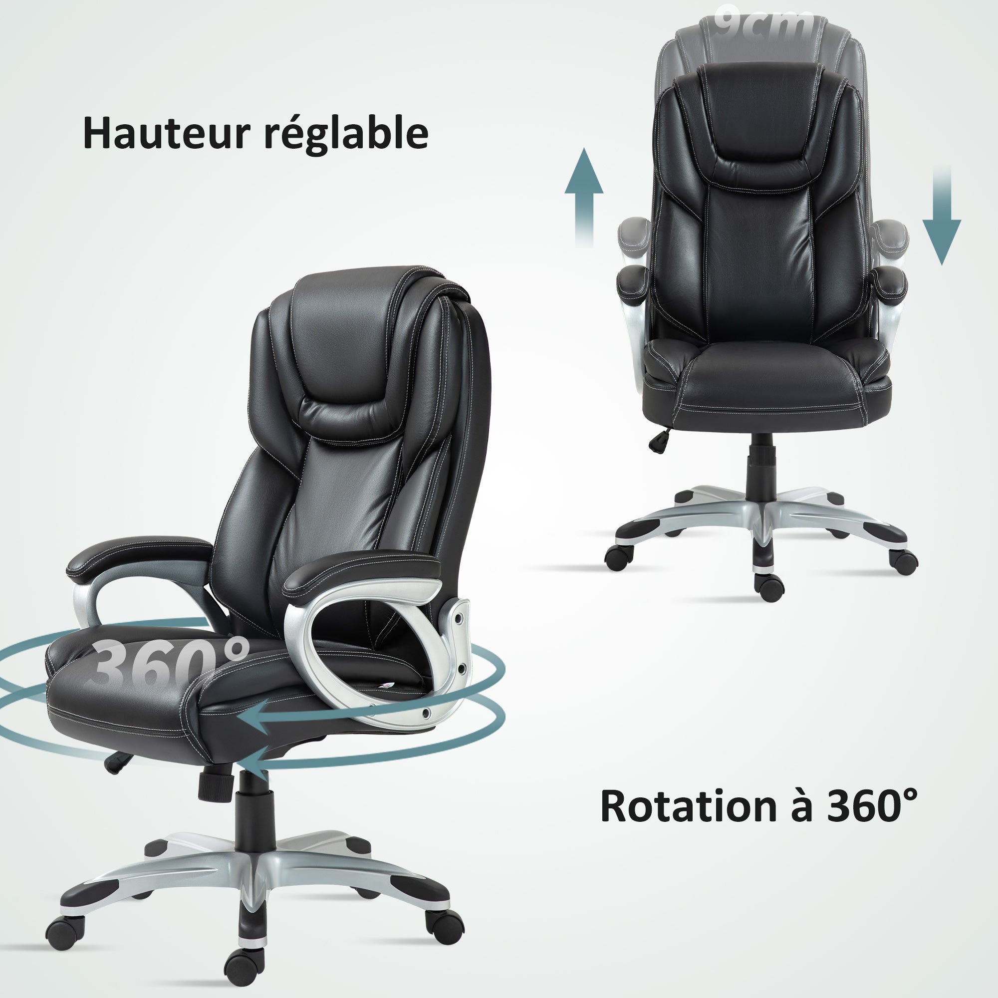Chaise de bureau, fauteuil de bureau, siège d'ordinateur, avec fonction bascule, dossier haut, roulettes pivotantes 360°, hauteur réglable, noir