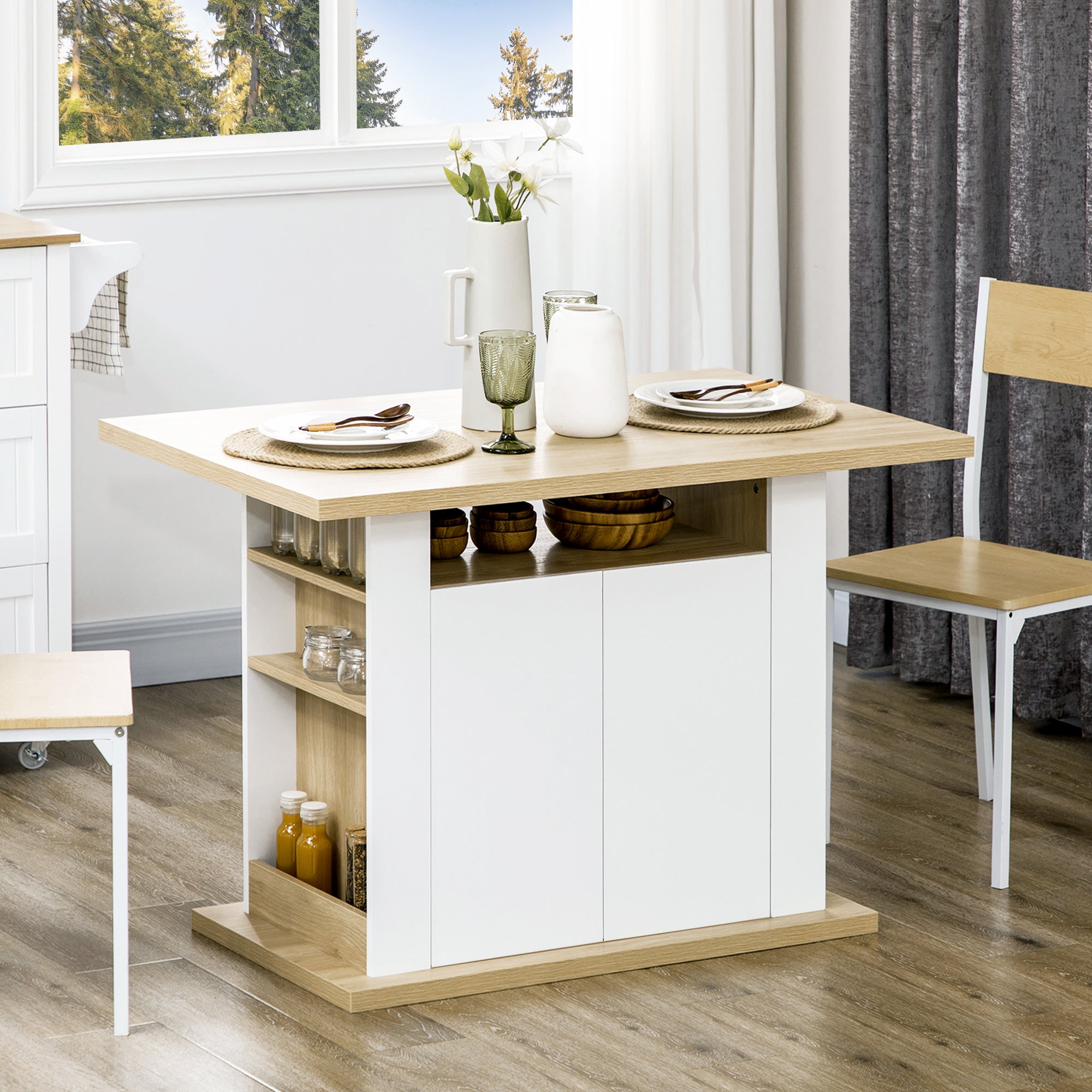 Table à manger ilot central cuisine meuble de rangement table avec grand plan de travail 4-6 personnes - placard 4 portes et étagères - en bois - dim. 110L x 70l x 75,5H cm blanc et naturel