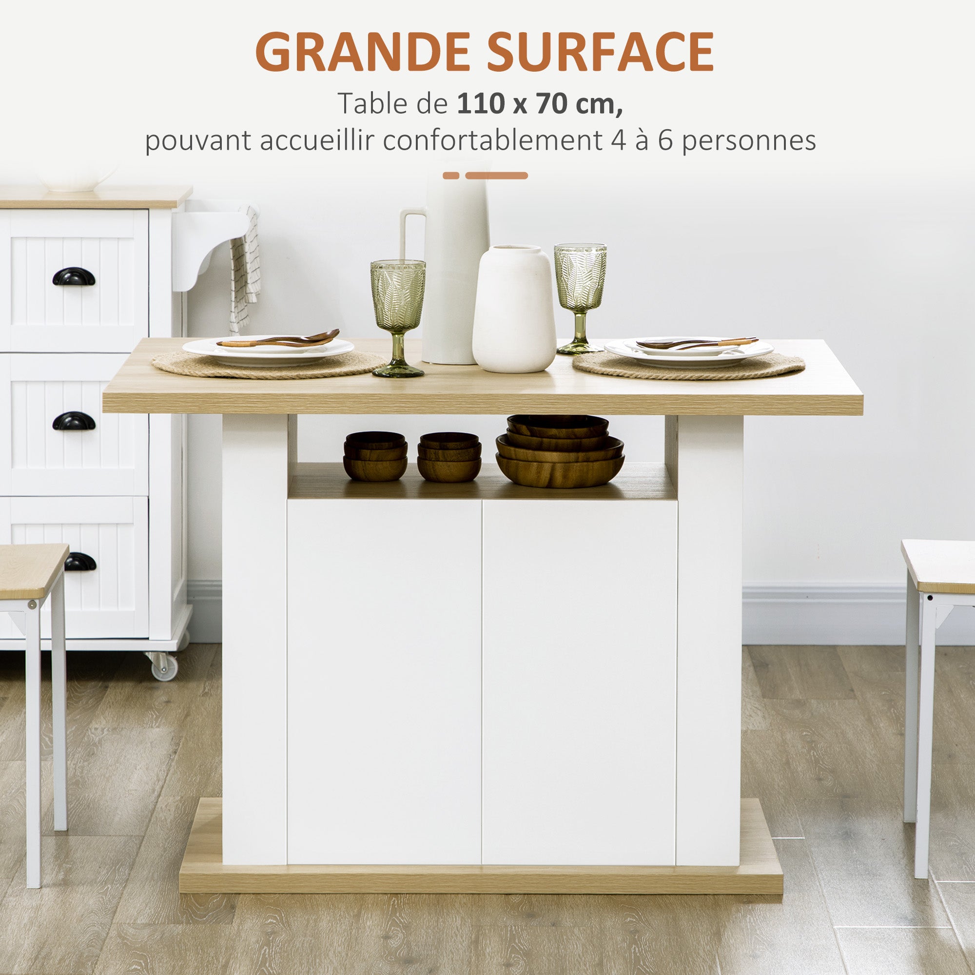 Table à manger ilot central cuisine meuble de rangement table avec grand plan de travail 4-6 personnes - placard 4 portes et étagères - en bois - dim. 110L x 70l x 75,5H cm blanc et naturel