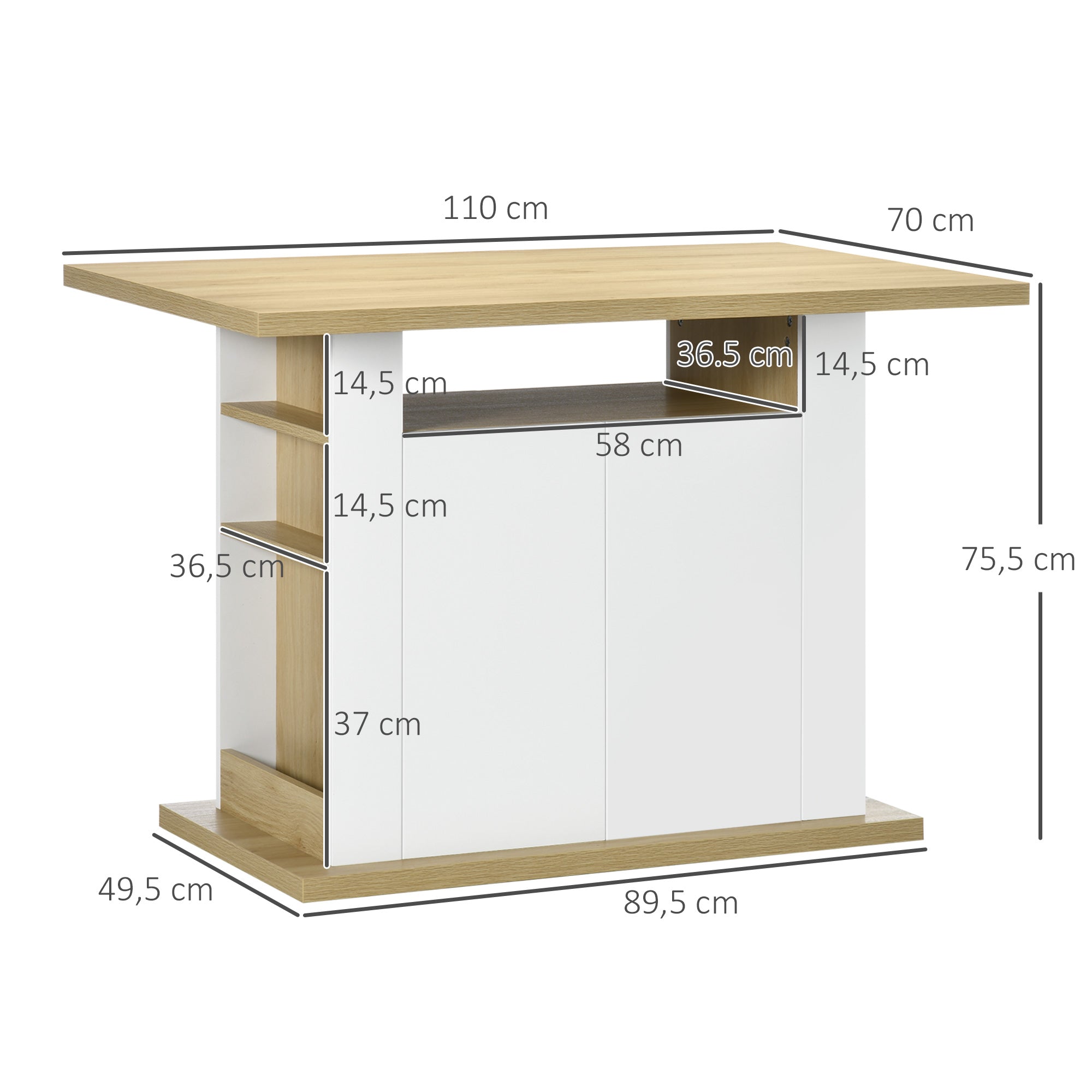 Table à manger ilot central cuisine meuble de rangement table avec grand plan de travail 4-6 personnes - placard 4 portes et étagères - en bois - dim. 110L x 70l x 75,5H cm blanc et naturel