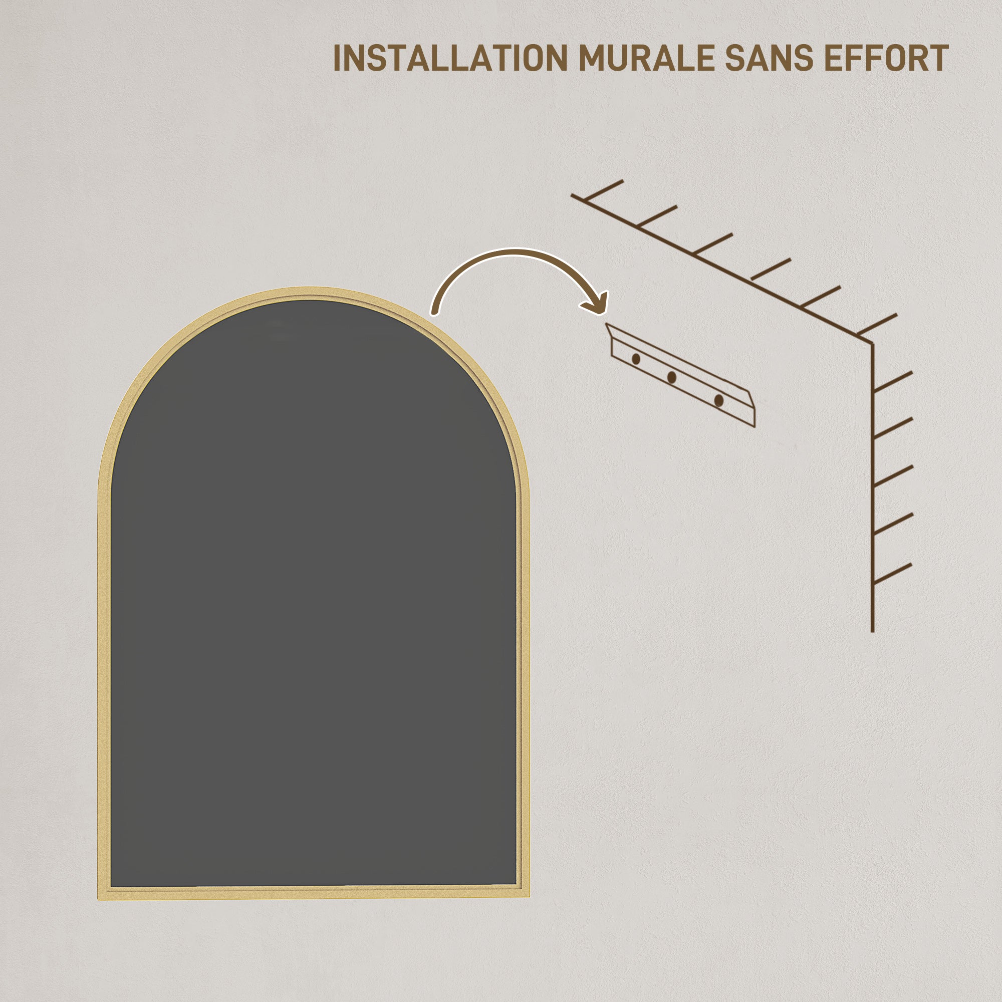 Miroir mural arqué, miroir de salle de bain, 50 x 70 cm, haute définition, avec cadre en alliage d'aluminium, pour chambre, salon, entrée, or