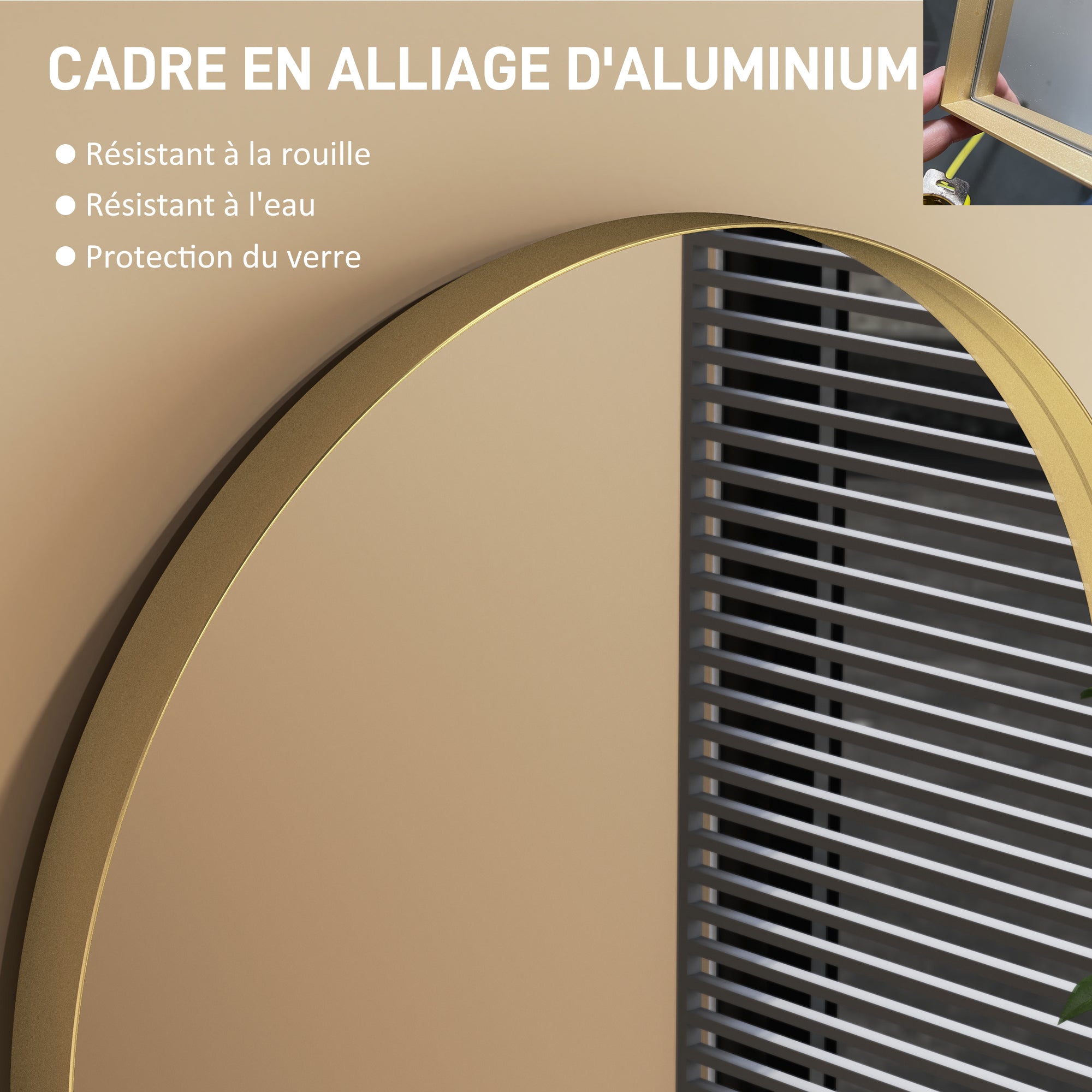 Miroir mural arqué, miroir de salle de bain, 50 x 70 cm, haute définition, avec cadre en alliage d'aluminium, pour chambre, salon, entrée, or