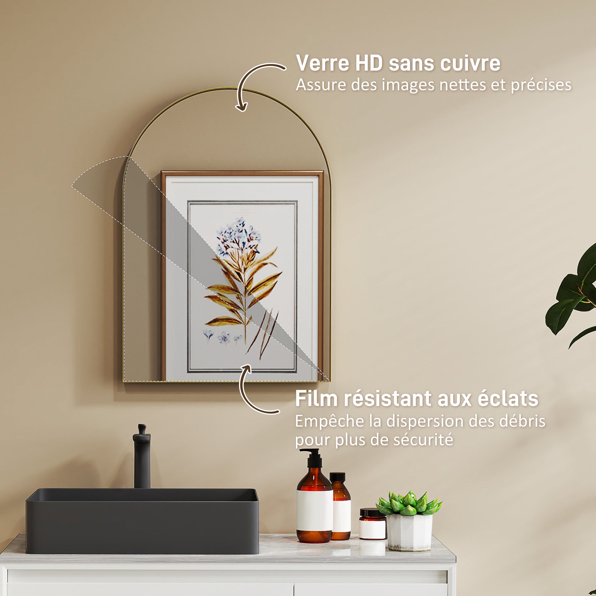 Miroir mural arqué, miroir de salle de bain, 50 x 70 cm, haute définition, avec cadre en alliage d'aluminium, pour chambre, salon, entrée, or