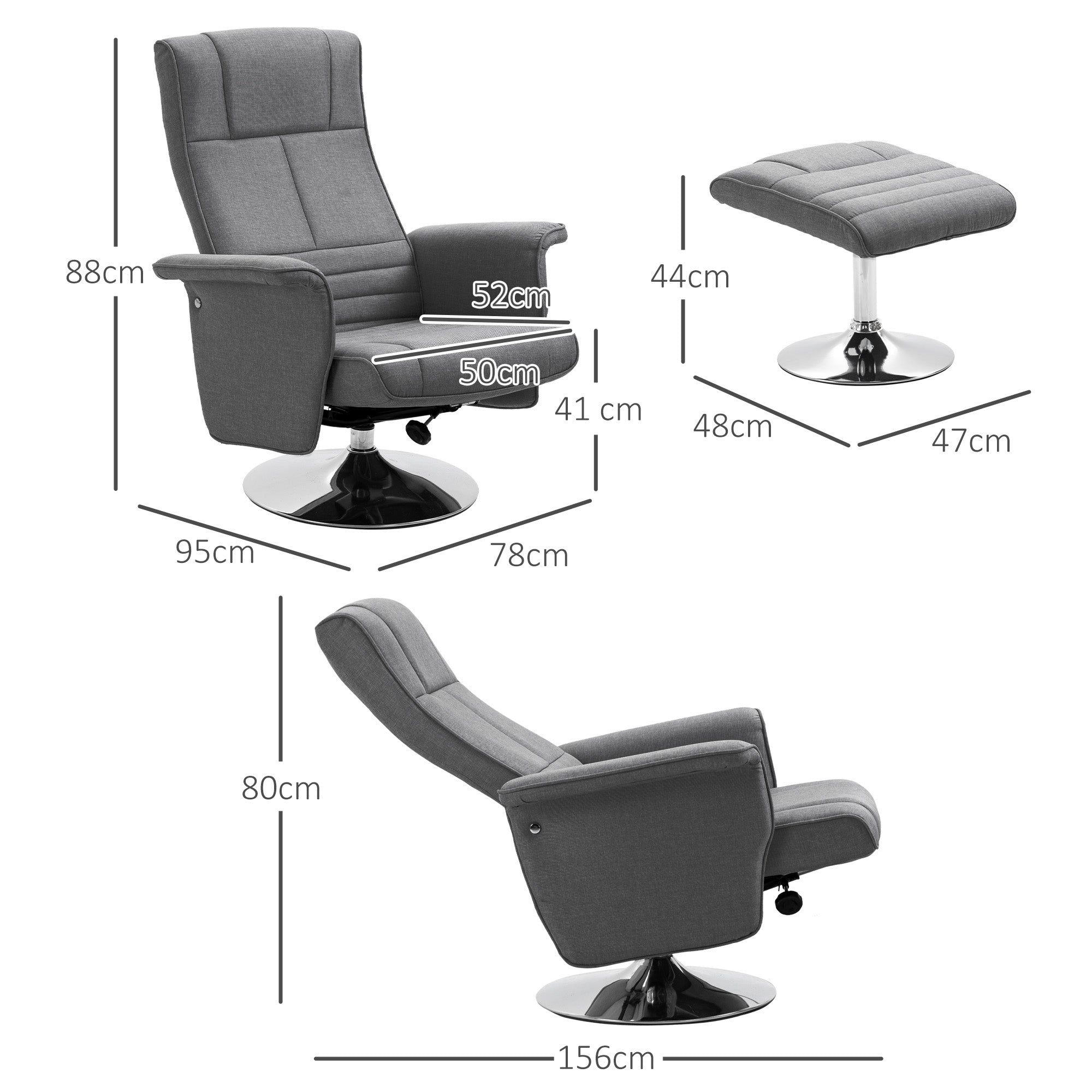 Fauteuil relax massant par vibrations avec pouf, fauteuil TV avec fonction chaise longue, siège pivotant à 360° assise rembourrée confortable, pour salon, chambre, tissu effet lin, gris foncé