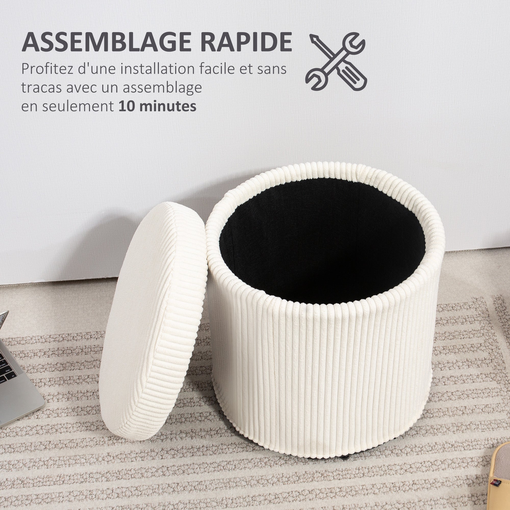 Pouf rangement 32 L pouf salon tabouret de coiffeuse en velours côtelé avec couvercle et pieds en acier, repose pied rond jusqu'à 120 kg, pour couloir, chambre, salon, beige