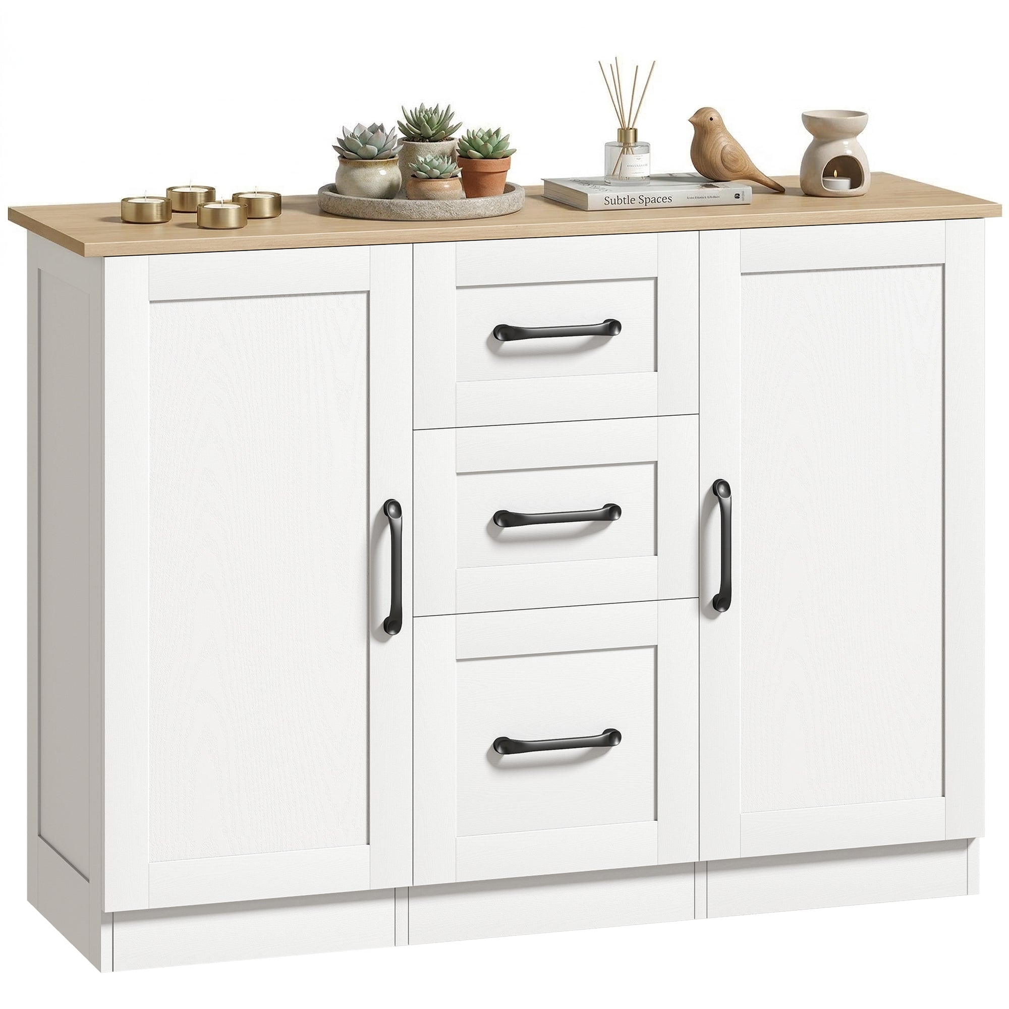 Buffet salon, meuble de rangement avec 2 portes à fermeture douce et 3 tiroirs, style moderne, buffet salle à manger et cuisine, 110 x 35 x 80,4 cm, blanc et bois naturel