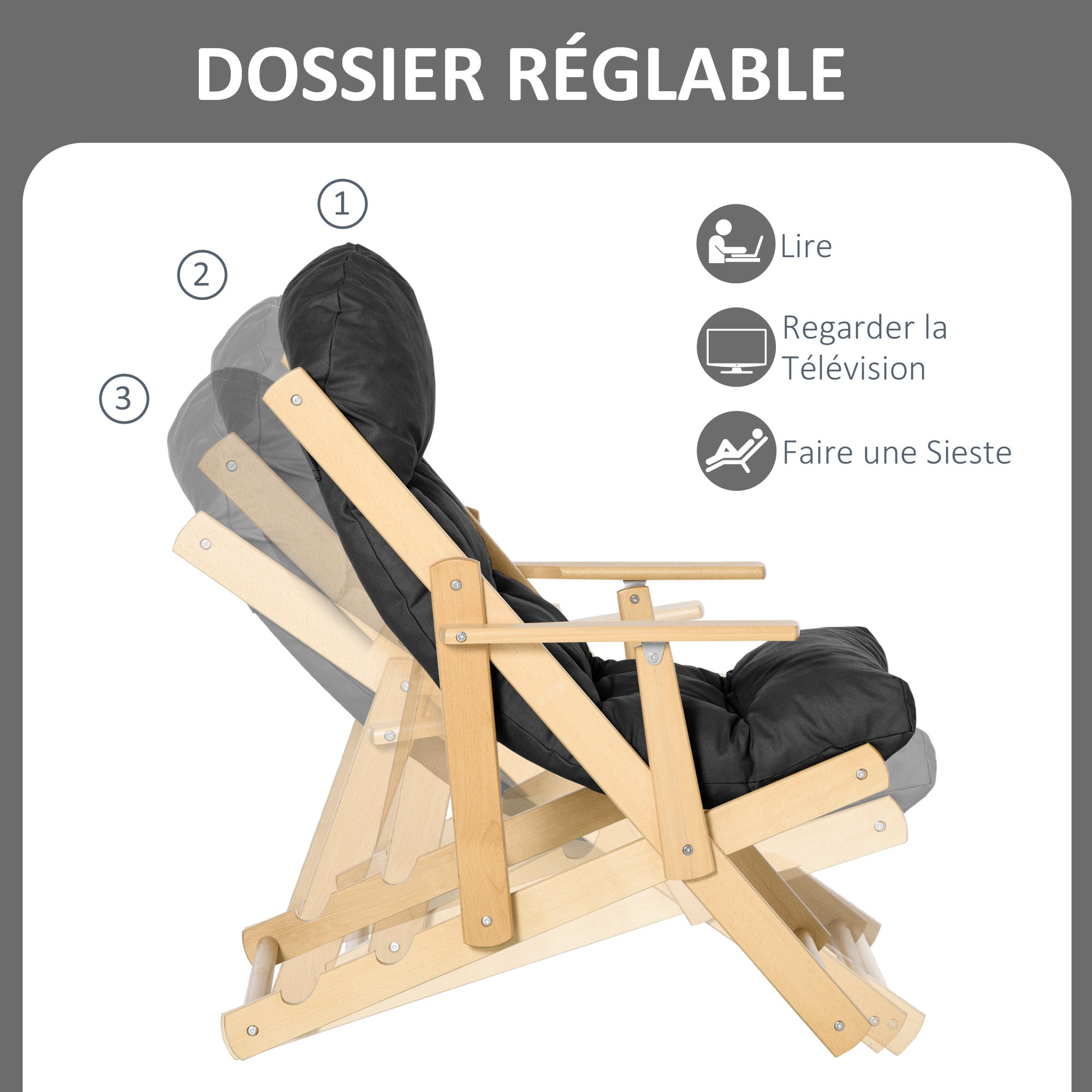 Fauteuil Chaise de Salon Pliable et inclinable en Bois Fauteuil Relax Confortable avec Coussin capitonné épais - 71 x 89 x 96 cm noir