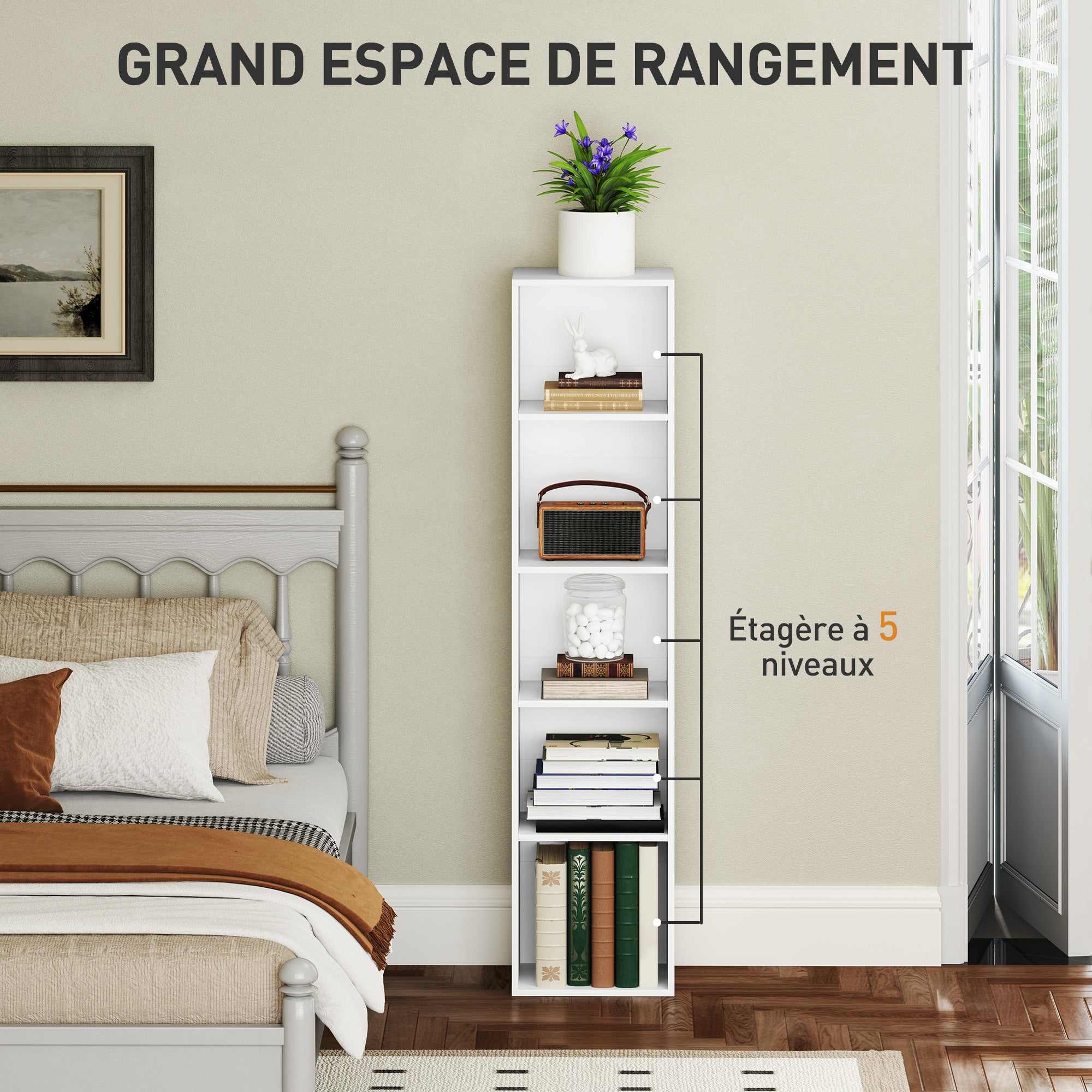 Bibliothèque, étagère de rangement 5 niveaux, meuble de rangement avec étagères réglables pour salon, chambre à coucher, bureau, 30 x 24 x 133,5 cm, blanc