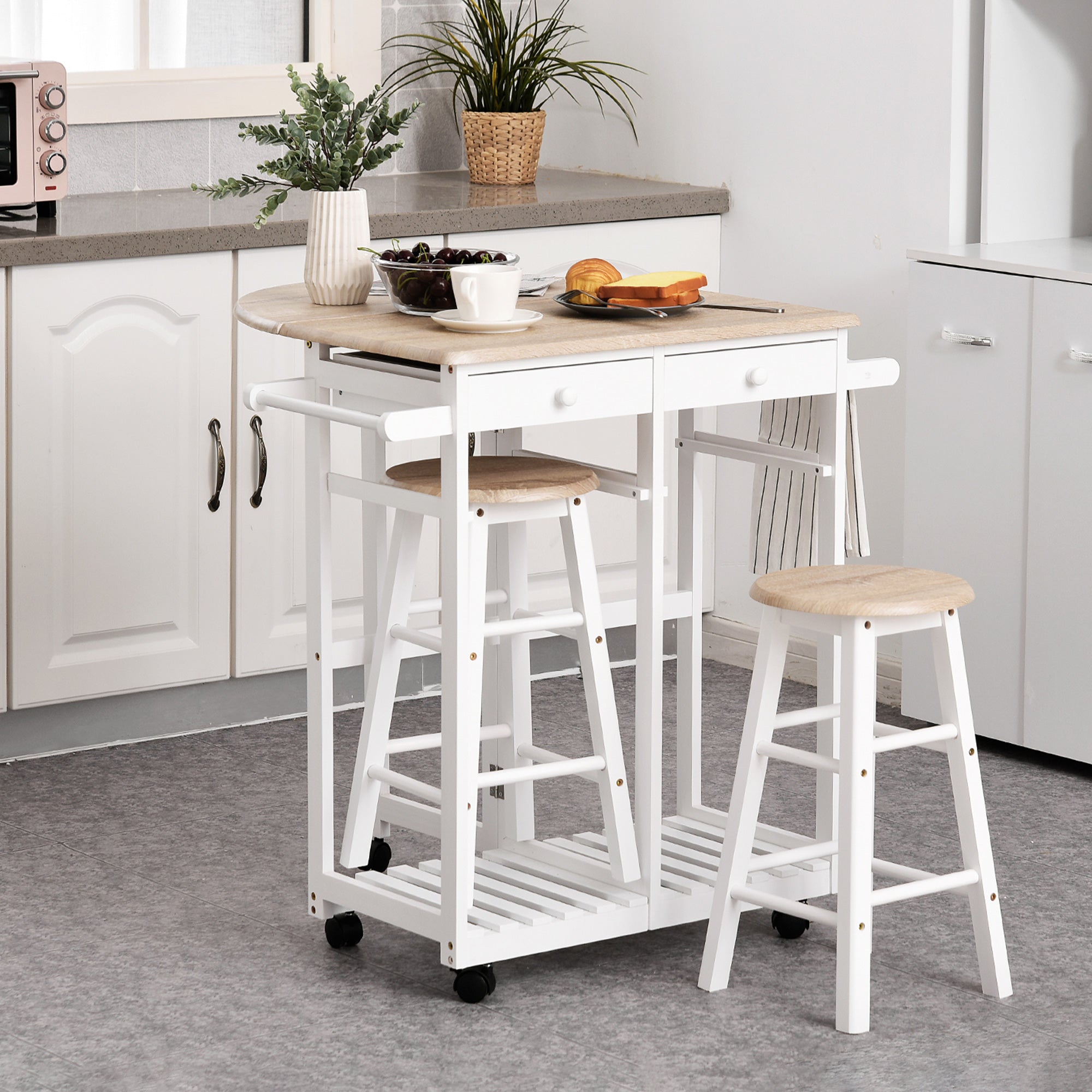 Ensemble Table de Bar Pliable sur roulettes avec étagère et 2 tiroirs + 2 tabourets Bois pin MDF Blanc chêne Clair