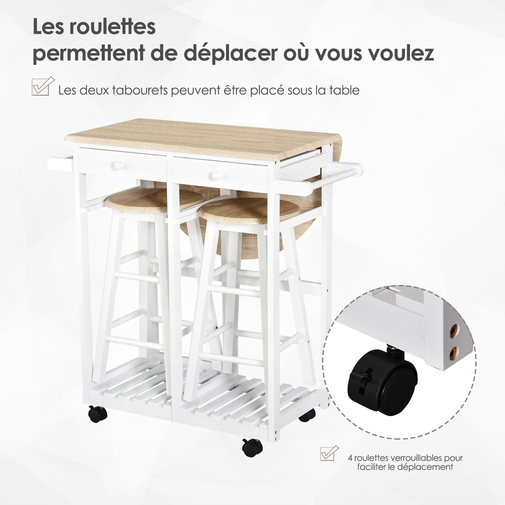 Ensemble Table de Bar Pliable sur roulettes avec étagère et 2 tiroirs + 2 tabourets Bois pin MDF Blanc chêne Clair