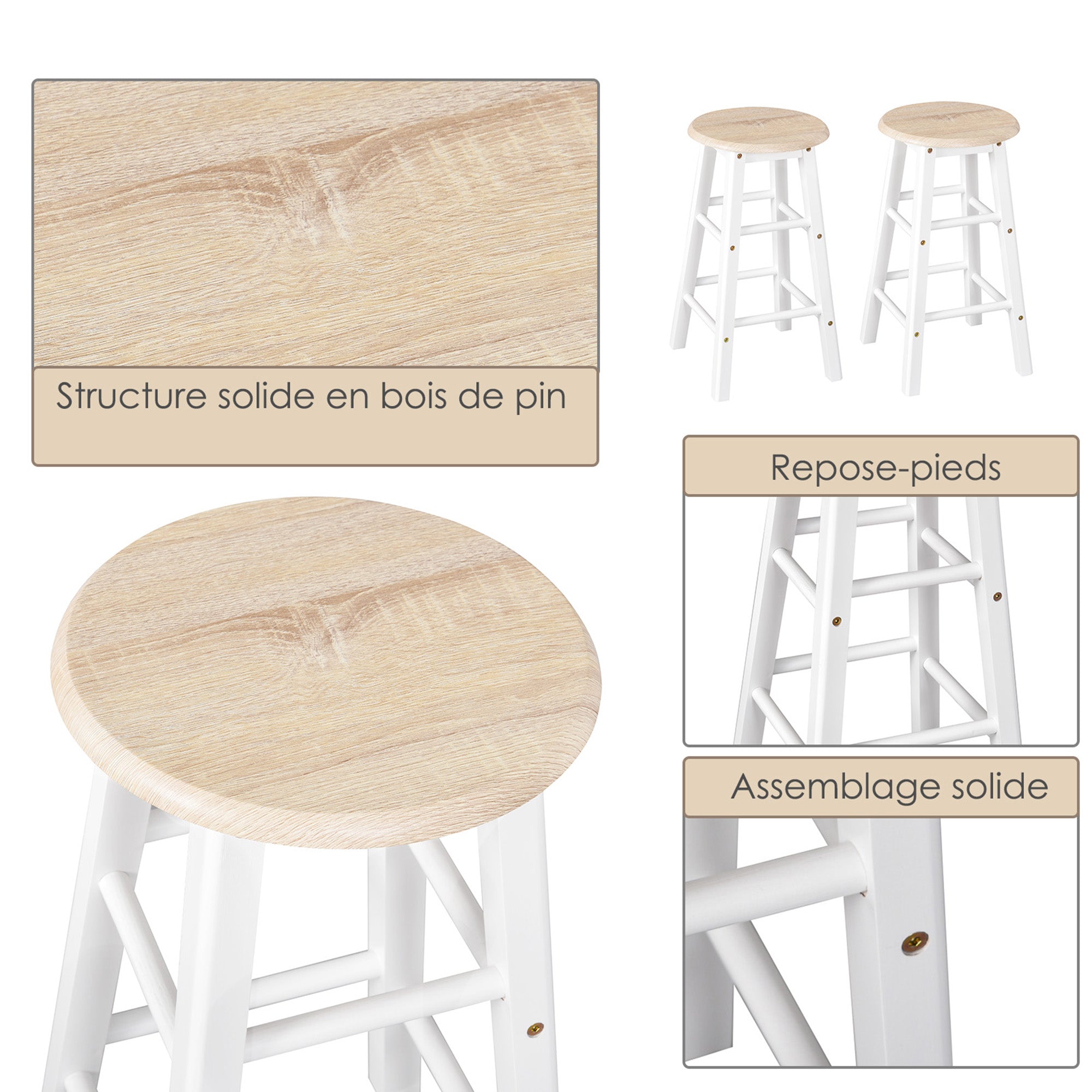 Ensemble Table de Bar Pliable sur roulettes avec étagère et 2 tiroirs + 2 tabourets Bois pin MDF Blanc chêne Clair