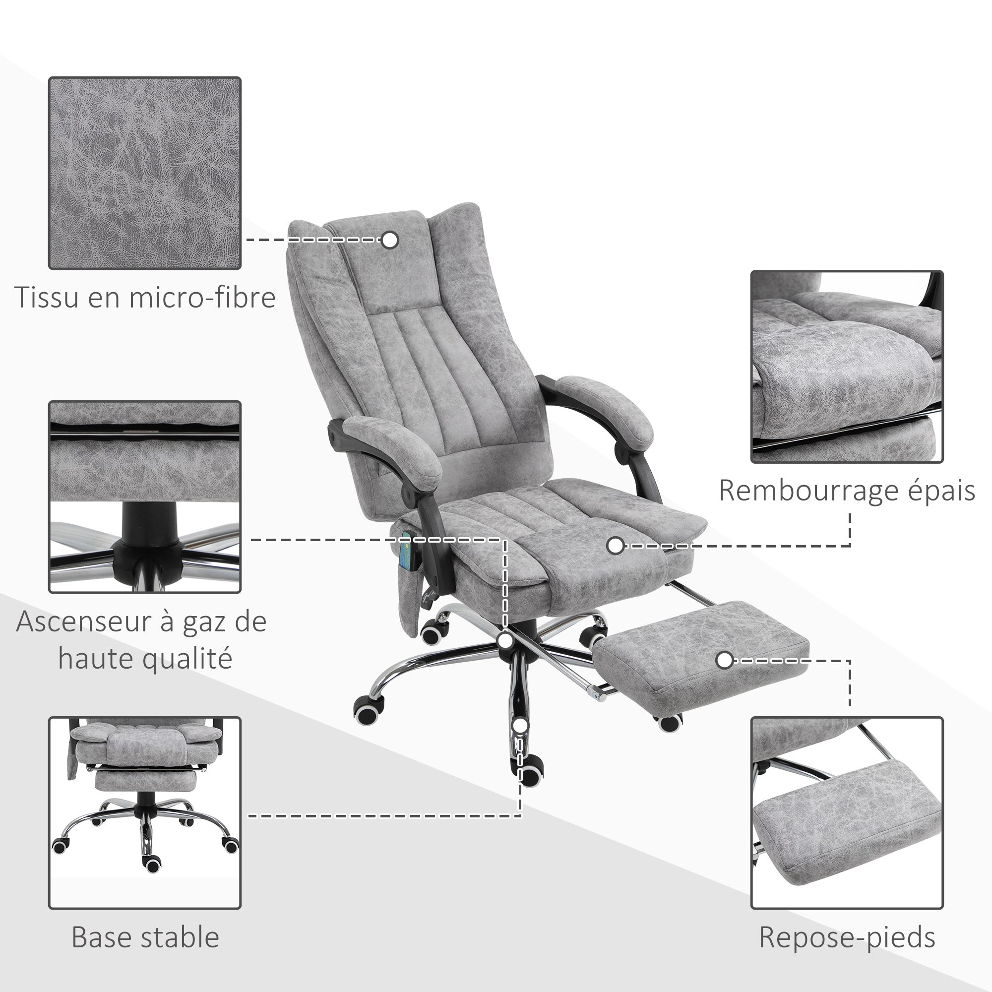 Fauteuil de bureau massant chauffant fauteuil bureau confortable hauteur réglable dossier inclinable repose-pied revêtement synthétique gris