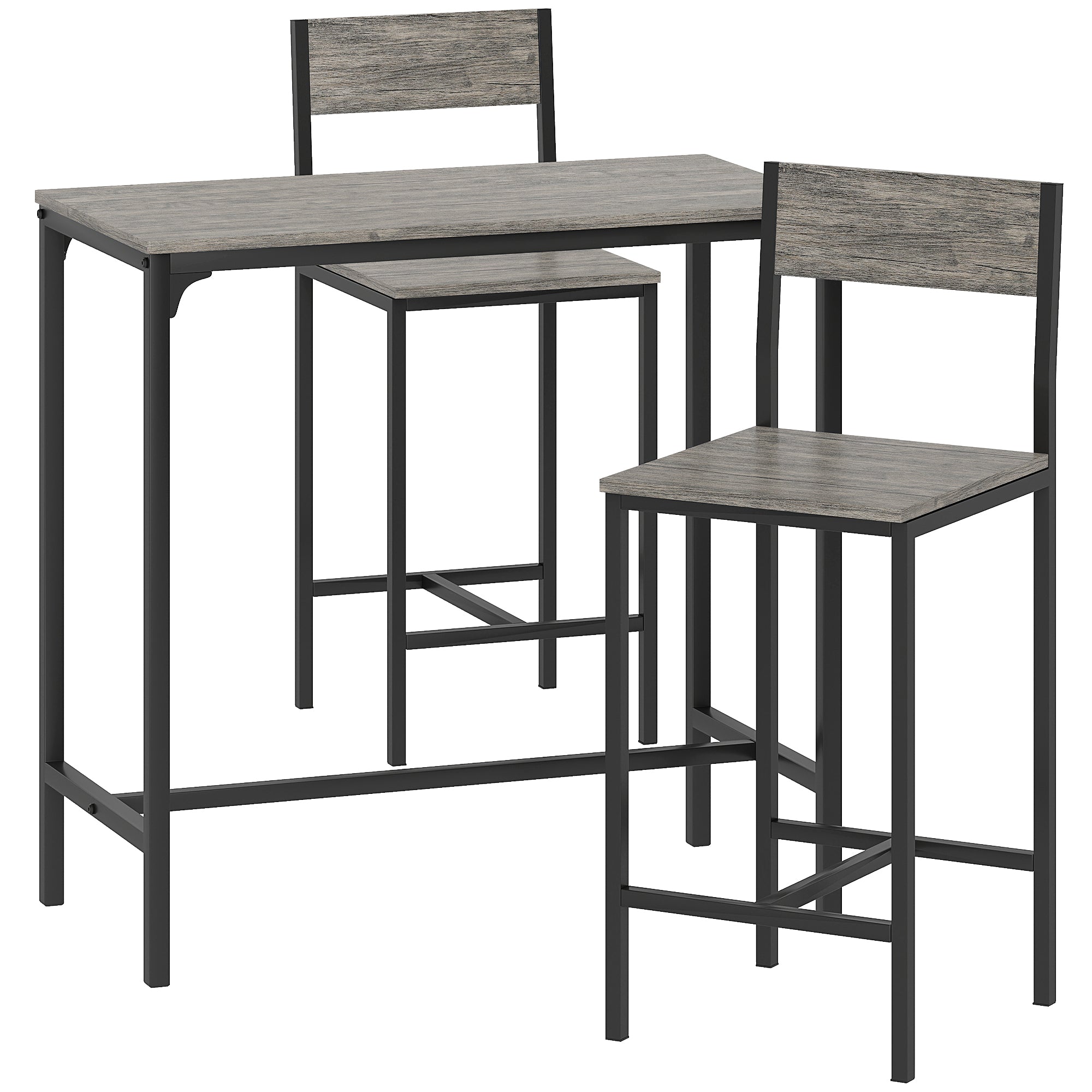 Ensemble table de bar avec tabourets, table à manger debout avec 2 chaises de bar, repose-pieds et dossiers, style industriel, cadre en métal, pour cuisine, salle à manger et salon, gris