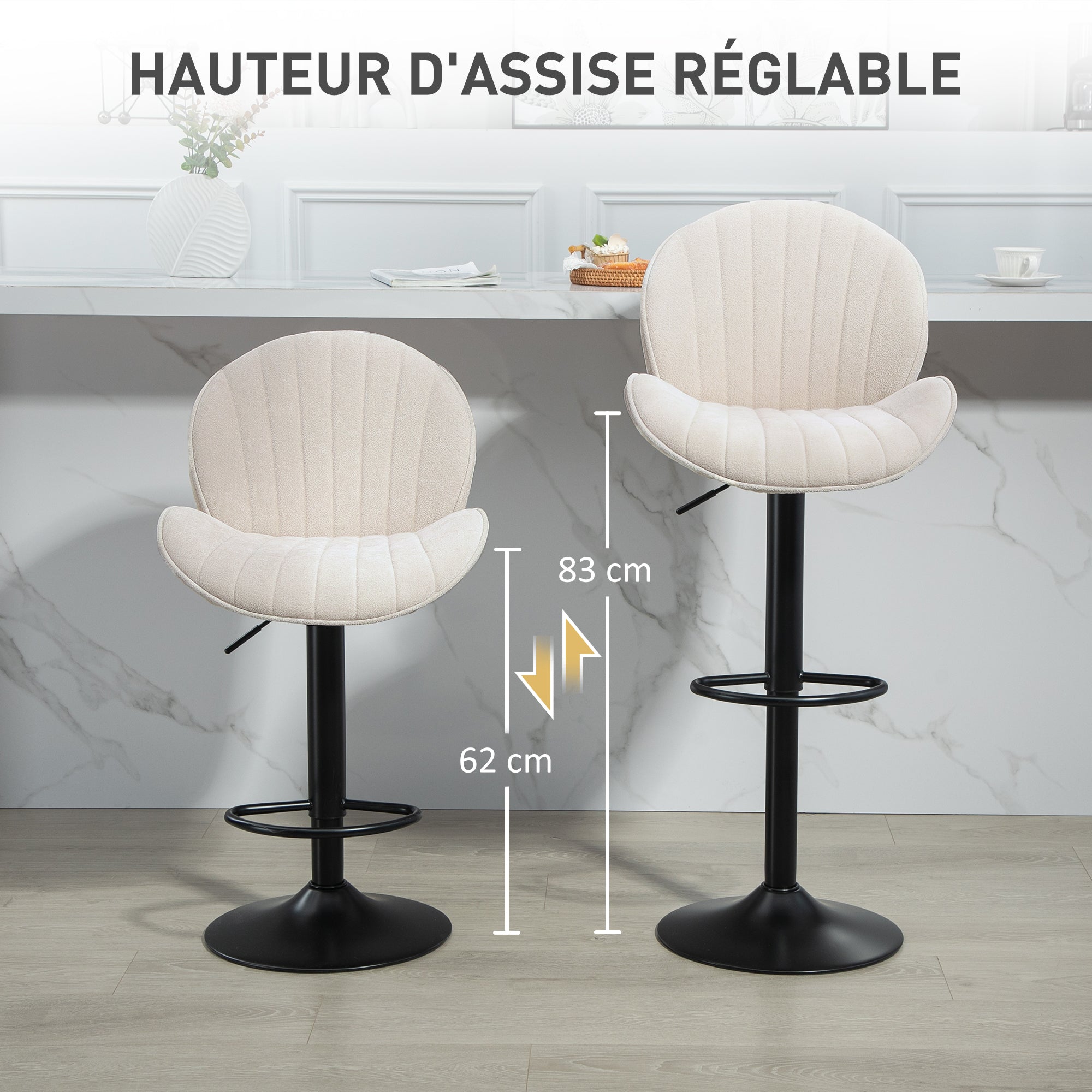 Lot de 2 tabourets de bar, chaises de bar pivotantes, forme de coquillage, chaise haute cuisine avec dossier, hauteur réglable et repose-pieds, cadre en acier, beige