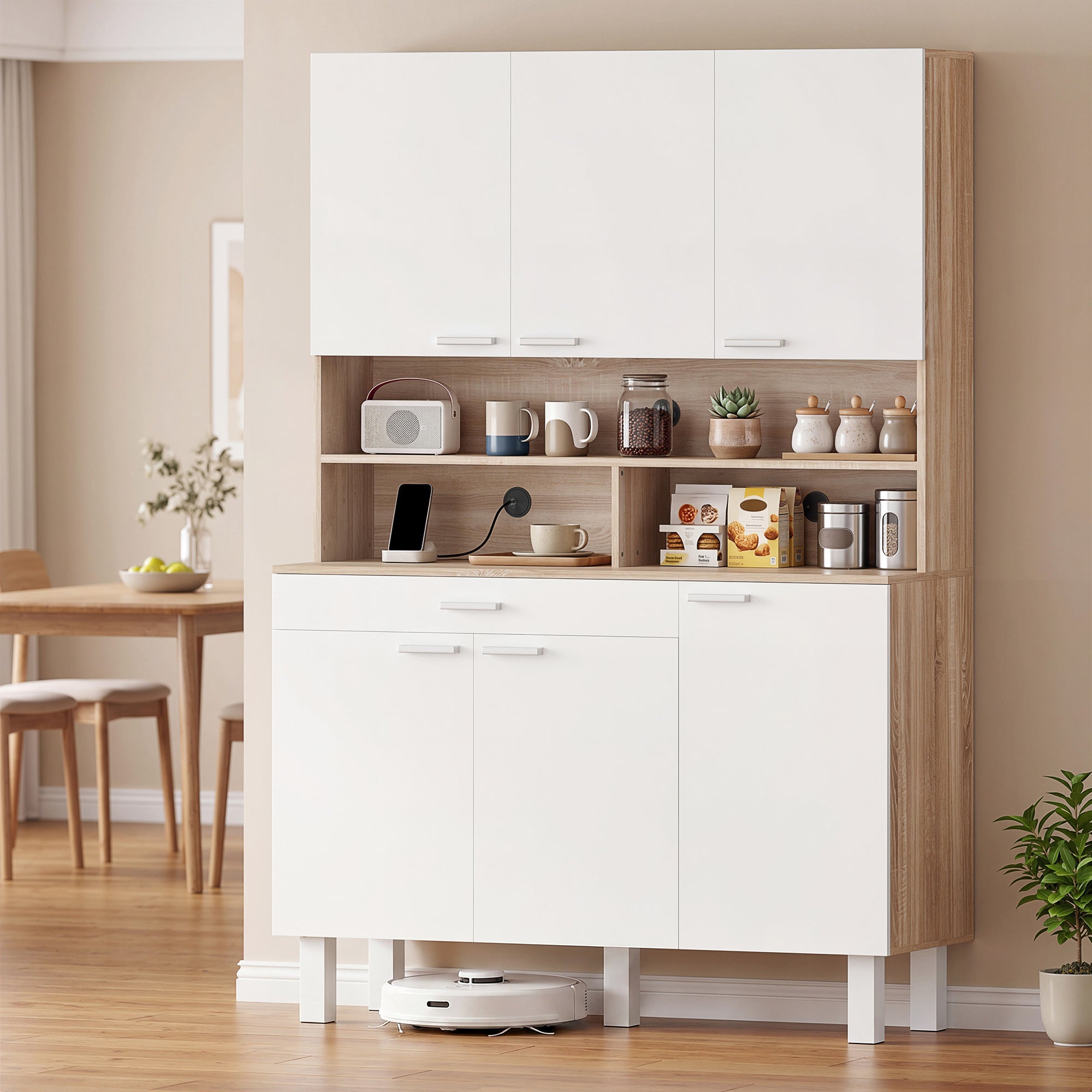 Buffet haut cuisine, armoire de cuisine, vaisselier, 6 portes, tiroir et étagères ouvertes, style moderne, meuble de rangement pour salon, salle à manger, 120x40x175cm, blanc et bois naturel