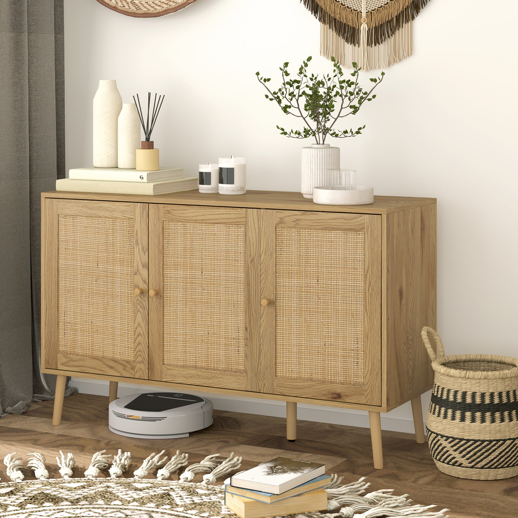 Buffet salon meuble de rangement avec placards à portes en rotin et étagère réglable, pour salon, salle à manger, dim. 120 x 40 x 75 cm, bois naturel