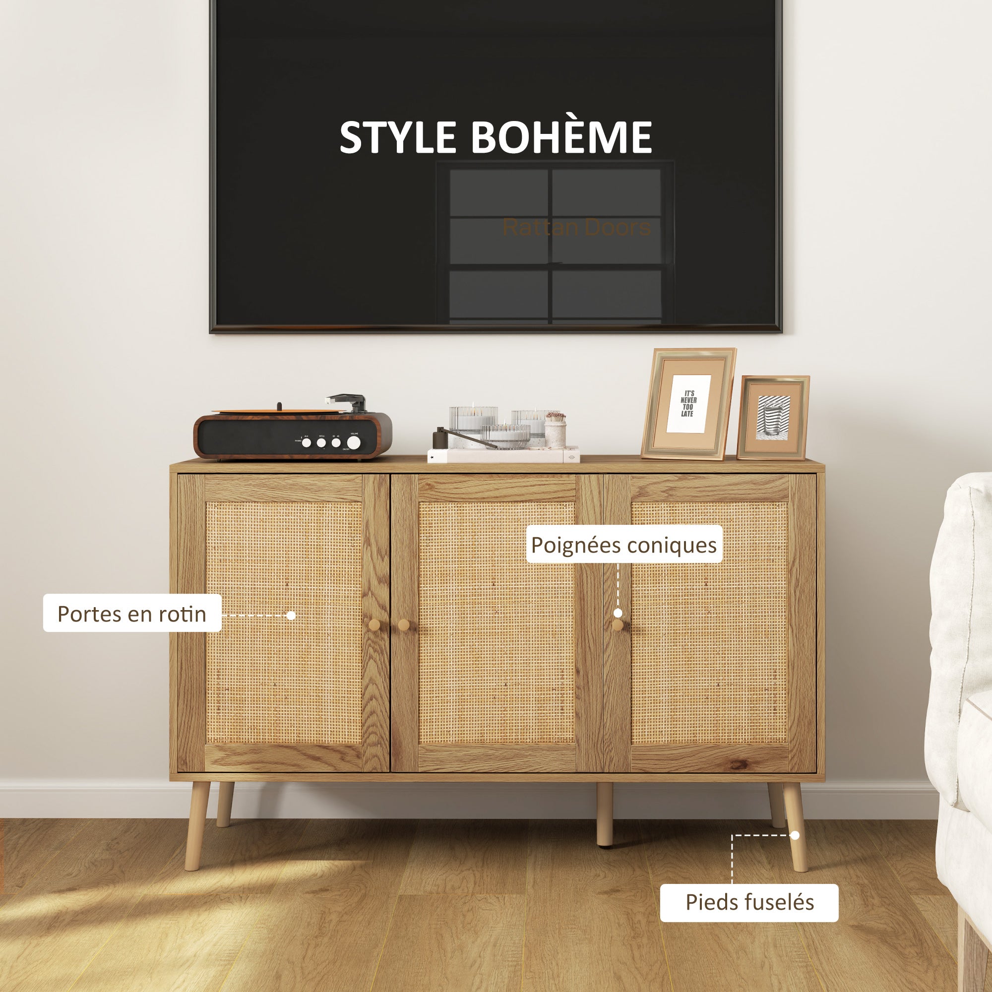 Buffet salon meuble de rangement avec placards à portes en rotin et étagère réglable, pour salon, salle à manger, dim. 120 x 40 x 75 cm, bois naturel