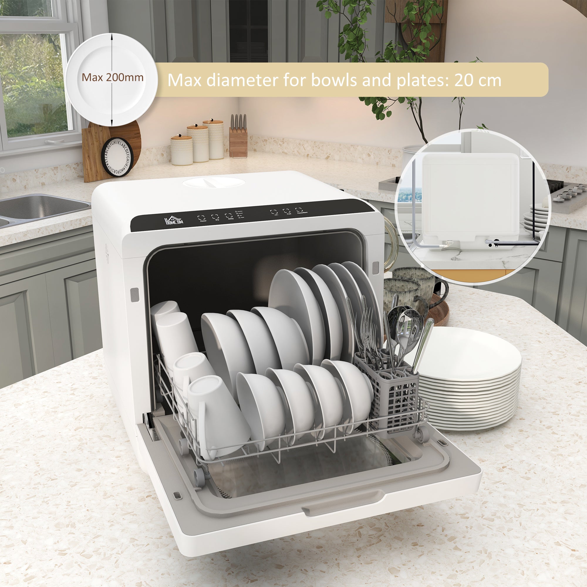 Mini lave-vaisselle 4 couverts, lave-vaisselle de table, 5 programmes, double alimentation en eau, lavage des fruits, réservoir d'eau 6L, commande tactile, affichage LED, départ différé, noir