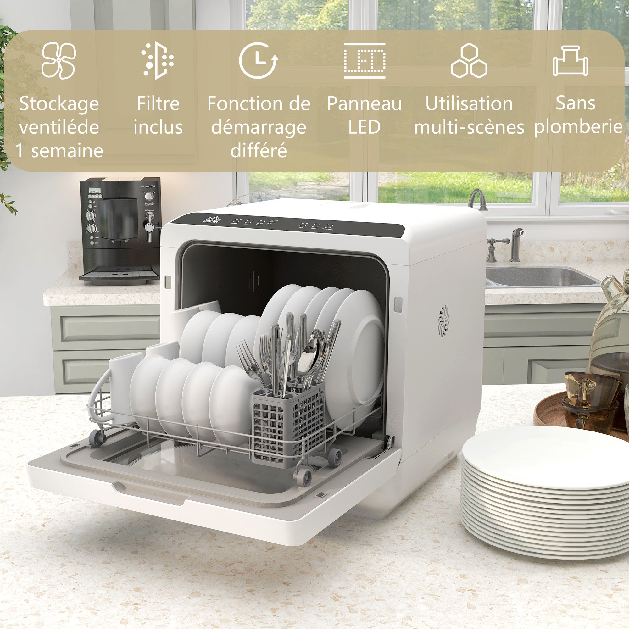 Mini lave-vaisselle 4 couverts, lave-vaisselle de table, 5 programmes, double alimentation en eau, lavage des fruits, réservoir d'eau 6L, commande tactile, affichage LED, départ différé, noir
