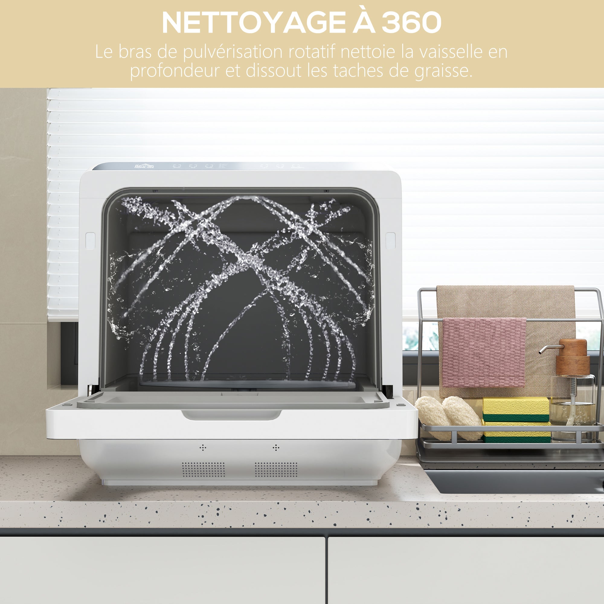 Mini lave-vaisselle 4 couverts, lave-vaisselle de table, 5 programmes, double alimentation en eau, lavage des fruits, réservoir d'eau 6L, commande tactile, affichage LED, départ différé, noir