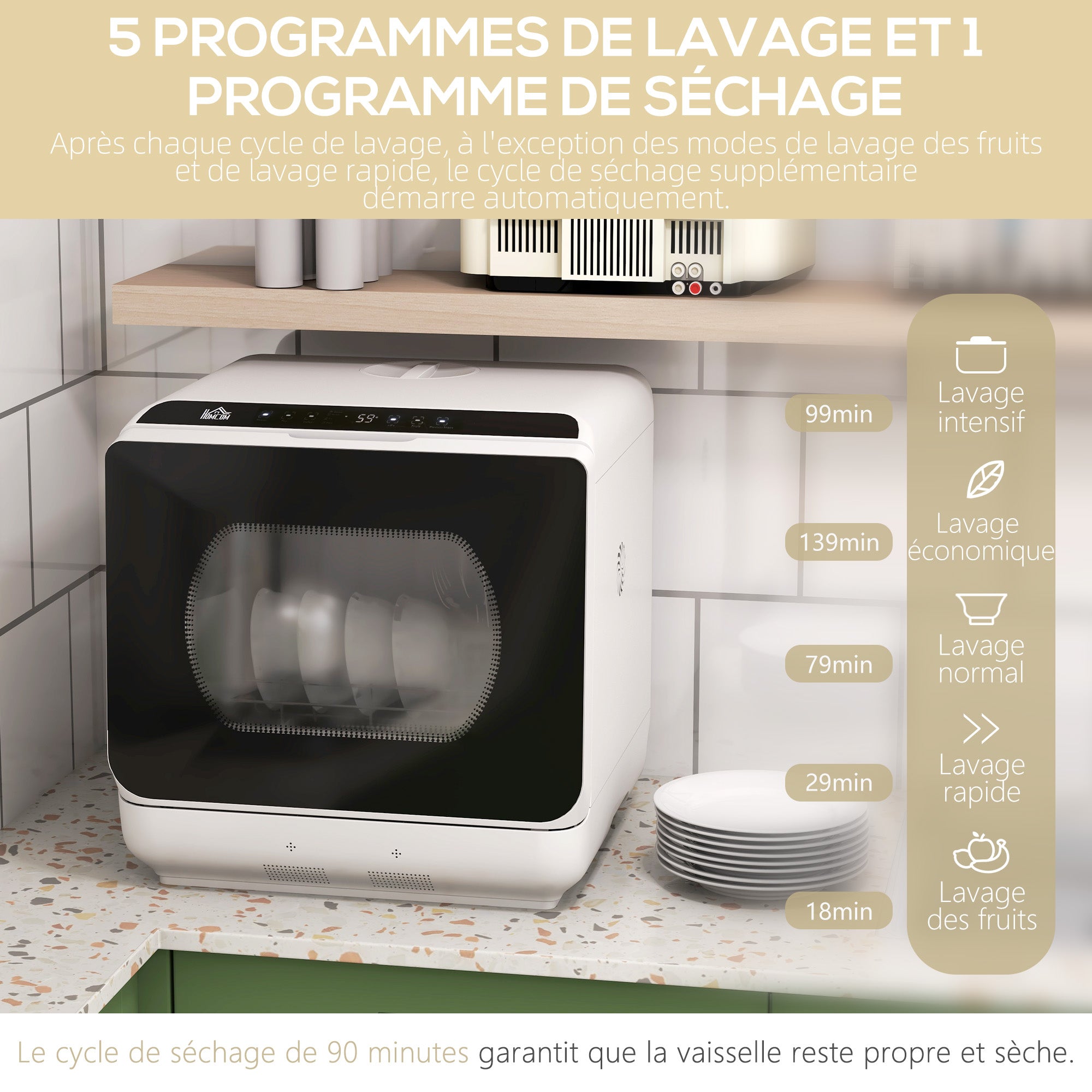 Mini lave-vaisselle 4 couverts, lave-vaisselle de table, 5 programmes, double alimentation en eau, lavage des fruits, réservoir d'eau 6L, commande tactile, affichage LED, départ différé, noir