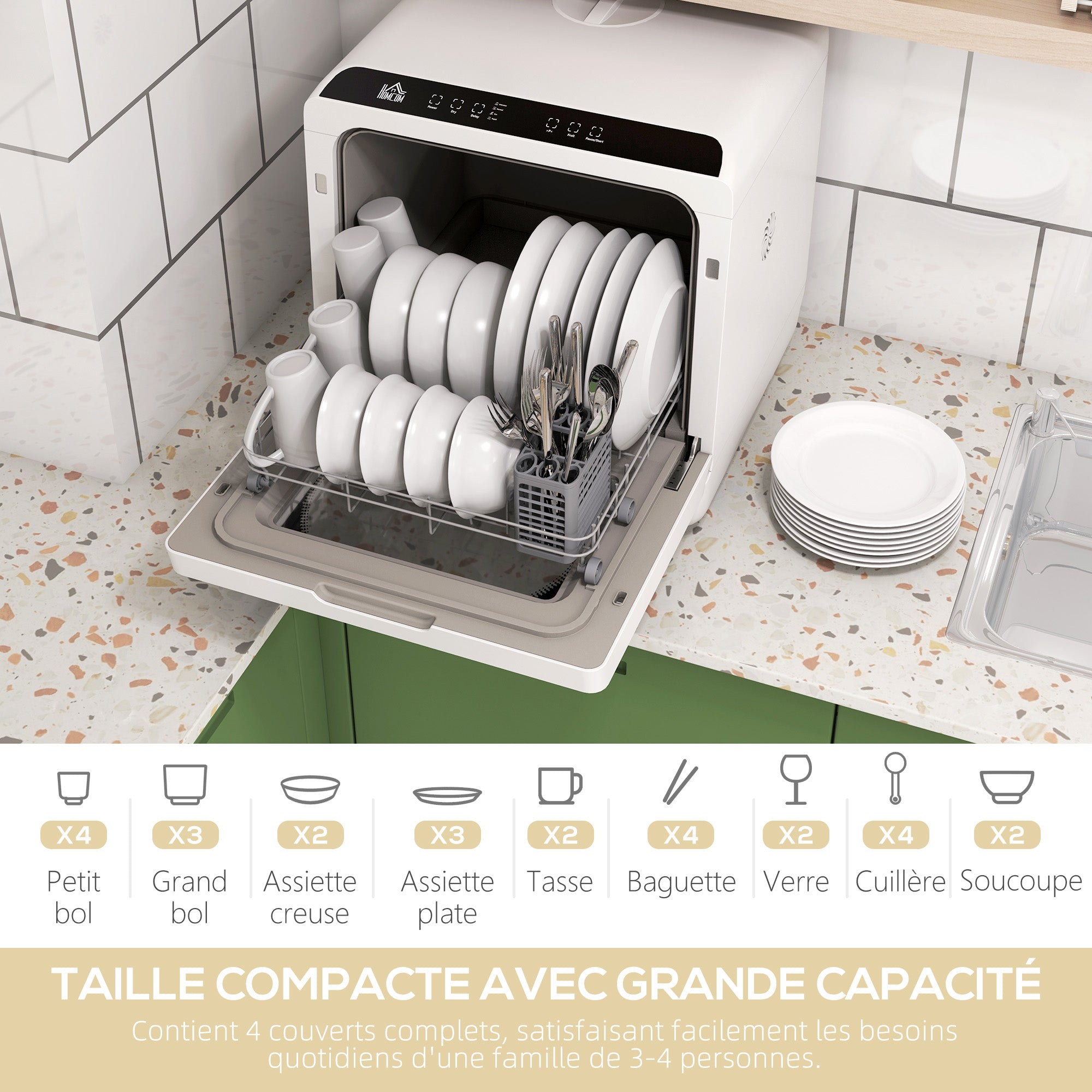 Mini lave-vaisselle 4 couverts, lave-vaisselle de table, 5 programmes, double alimentation en eau, lavage des fruits, réservoir d'eau 6L, commande tactile, affichage LED, départ différé, noir