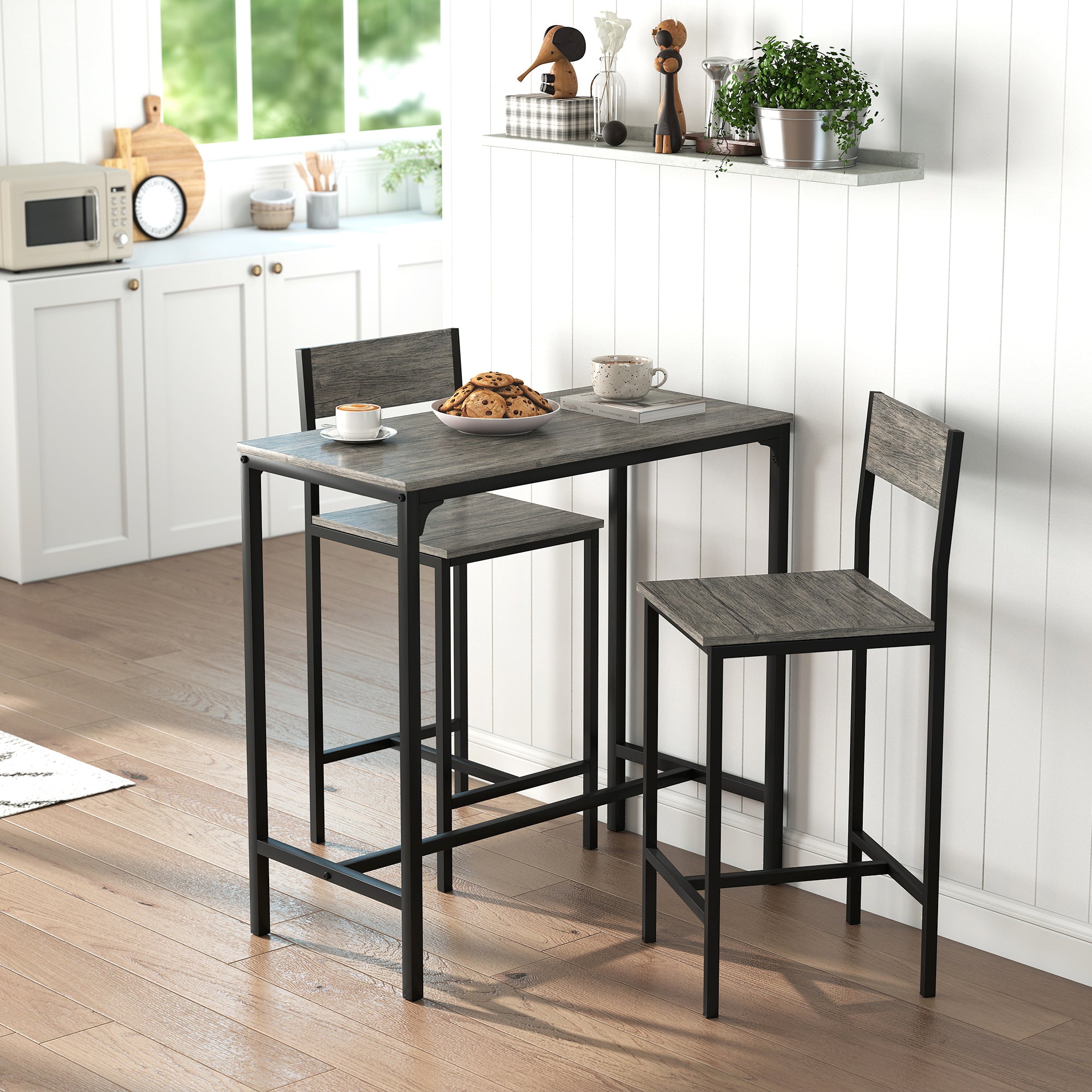 Ensemble table de bar avec tabourets, table à manger debout avec 2 chaises de bar, repose-pieds et dossiers, style industriel, cadre en métal, pour cuisine, salle à manger et salon, gris