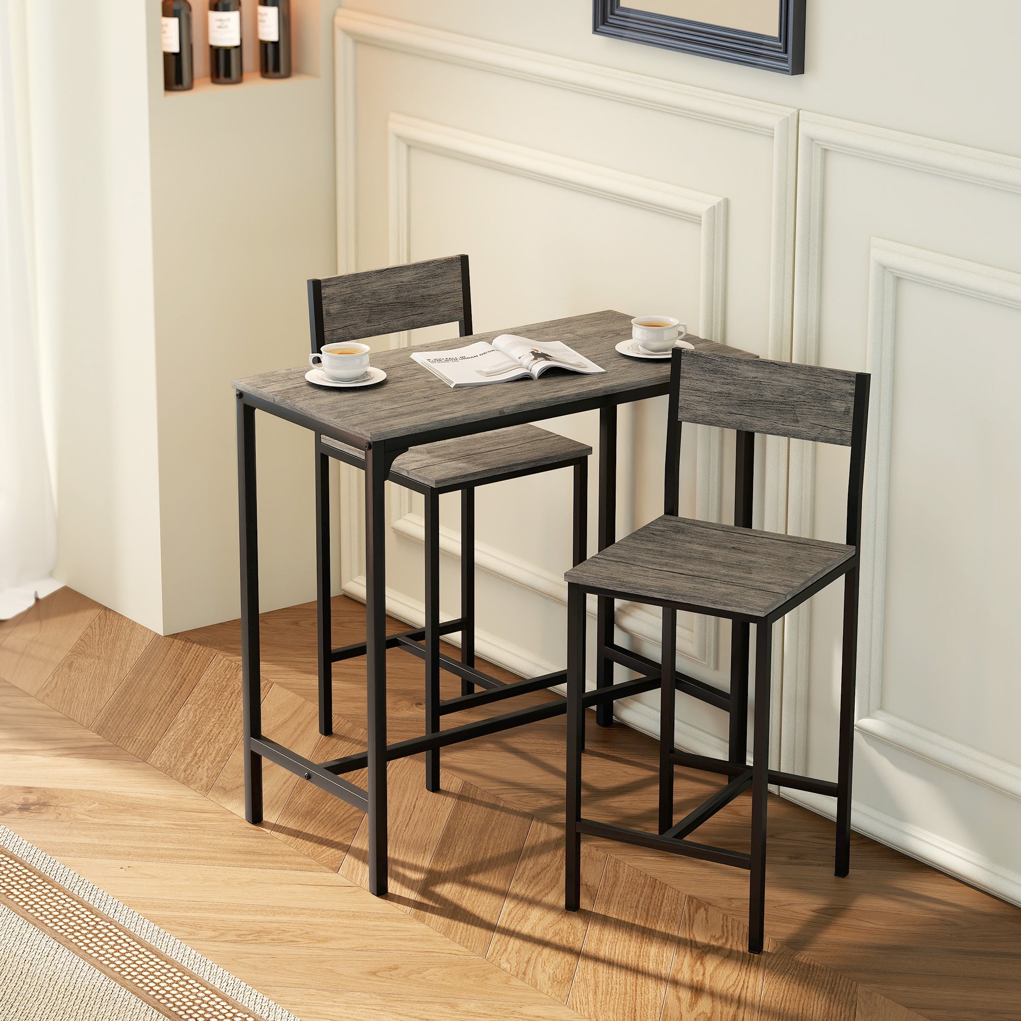Ensemble table de bar avec tabourets, table à manger debout avec 2 chaises de bar, repose-pieds et dossiers, style industriel, cadre en métal, pour cuisine, salle à manger et salon, gris