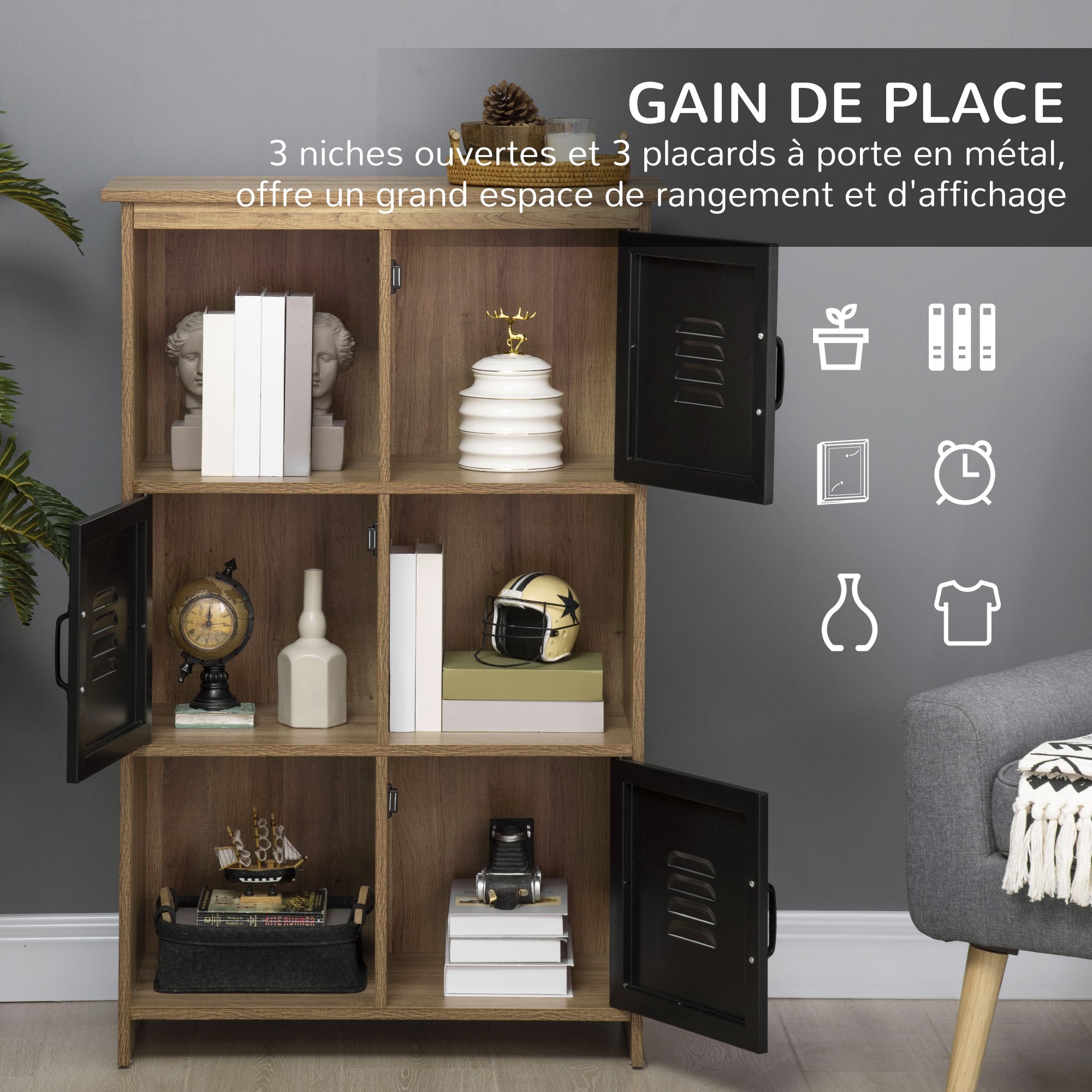 Bibliothèque Design Industriel - Meuble de Rangement 3 niches 3 casiers - Aspect Bois avec Portes en métal Noir