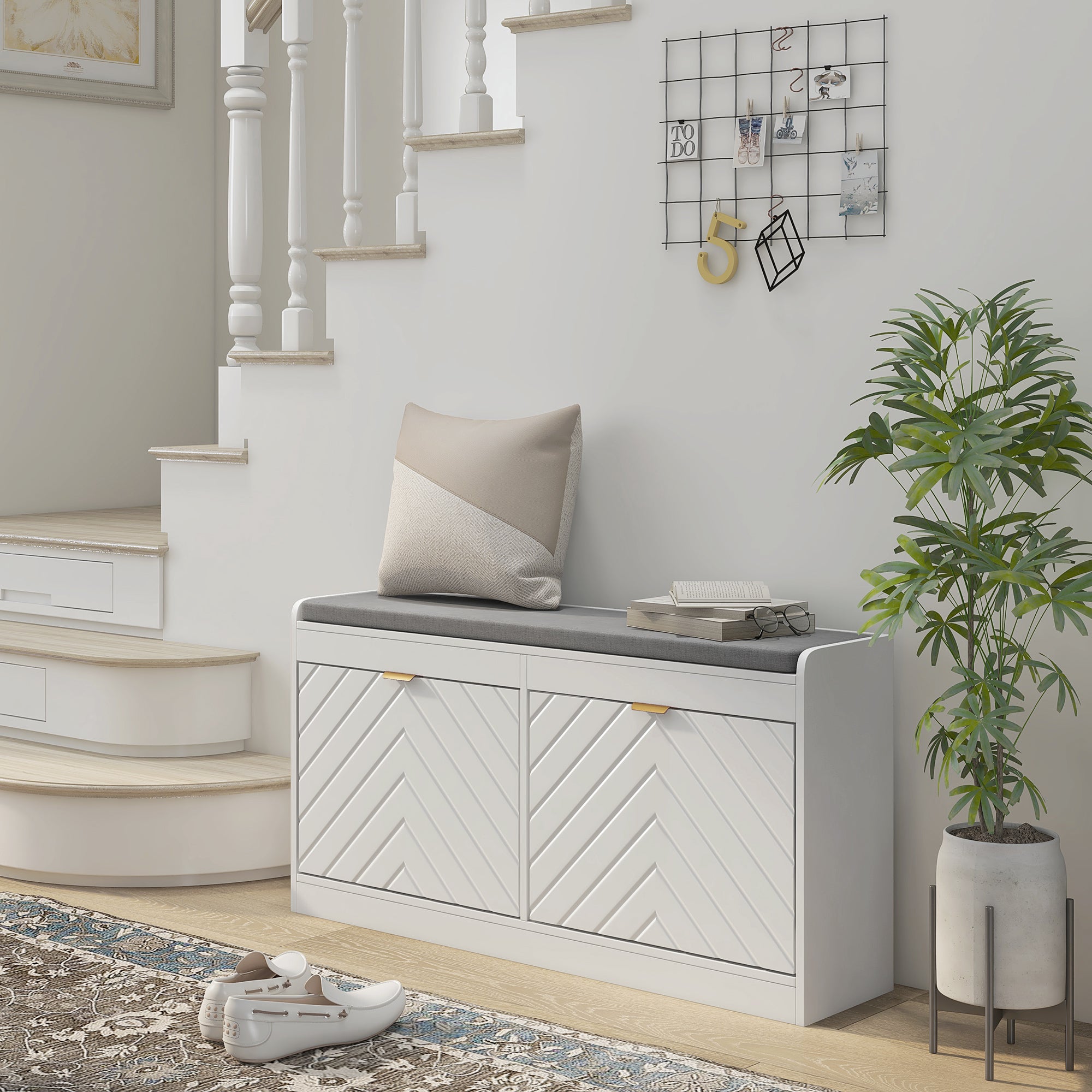 Banc à chaussures, banc de rangement étroit, assise rembourrée, porte motifs de lignes en relief, tiroir rabattable et étagère réglable, pour entrée, couloir, 106 x 24 x 52,5 cm, blanc